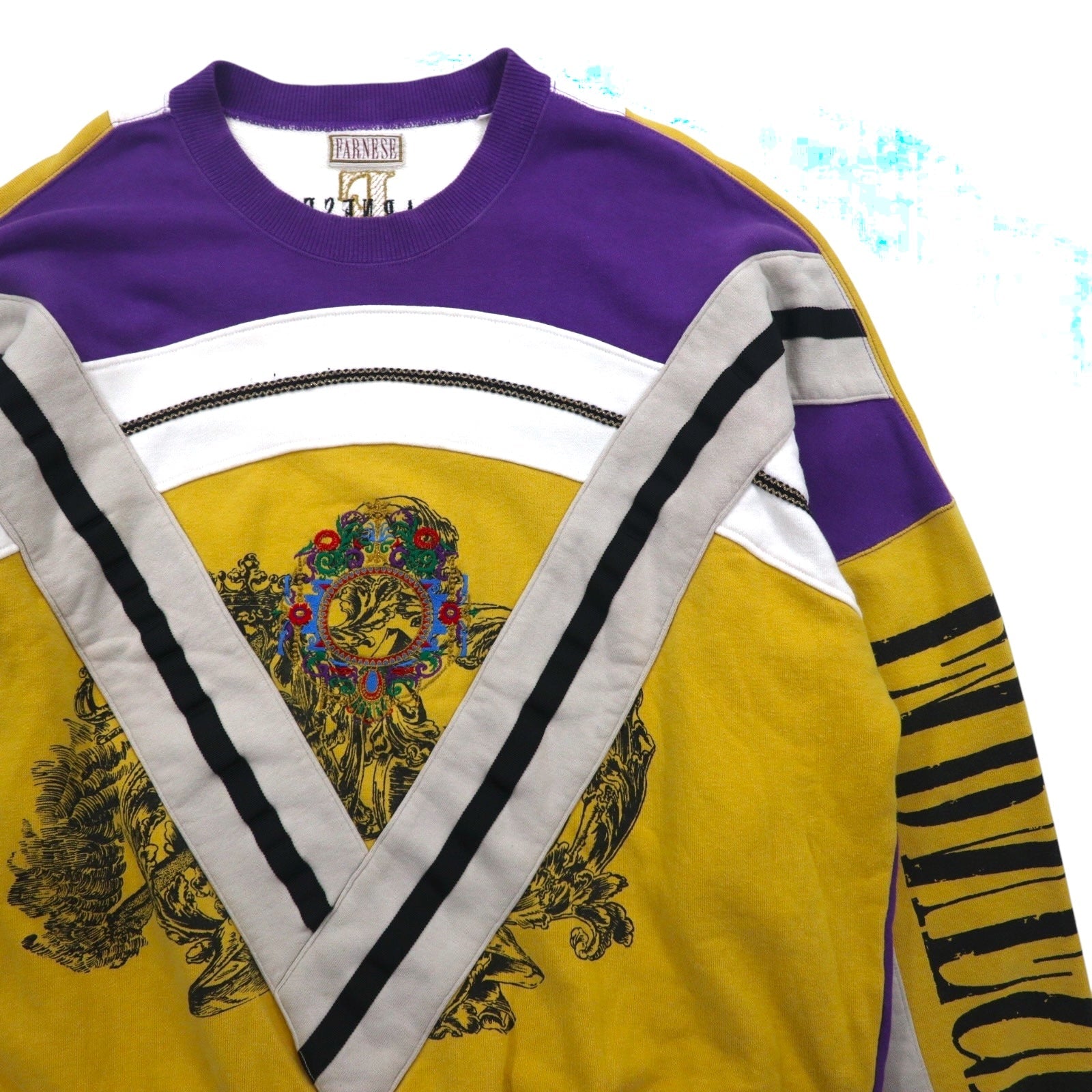 Felpa vintage anni '90 made in Japan FARNESE XL viola gialla motivo pazzo Reika