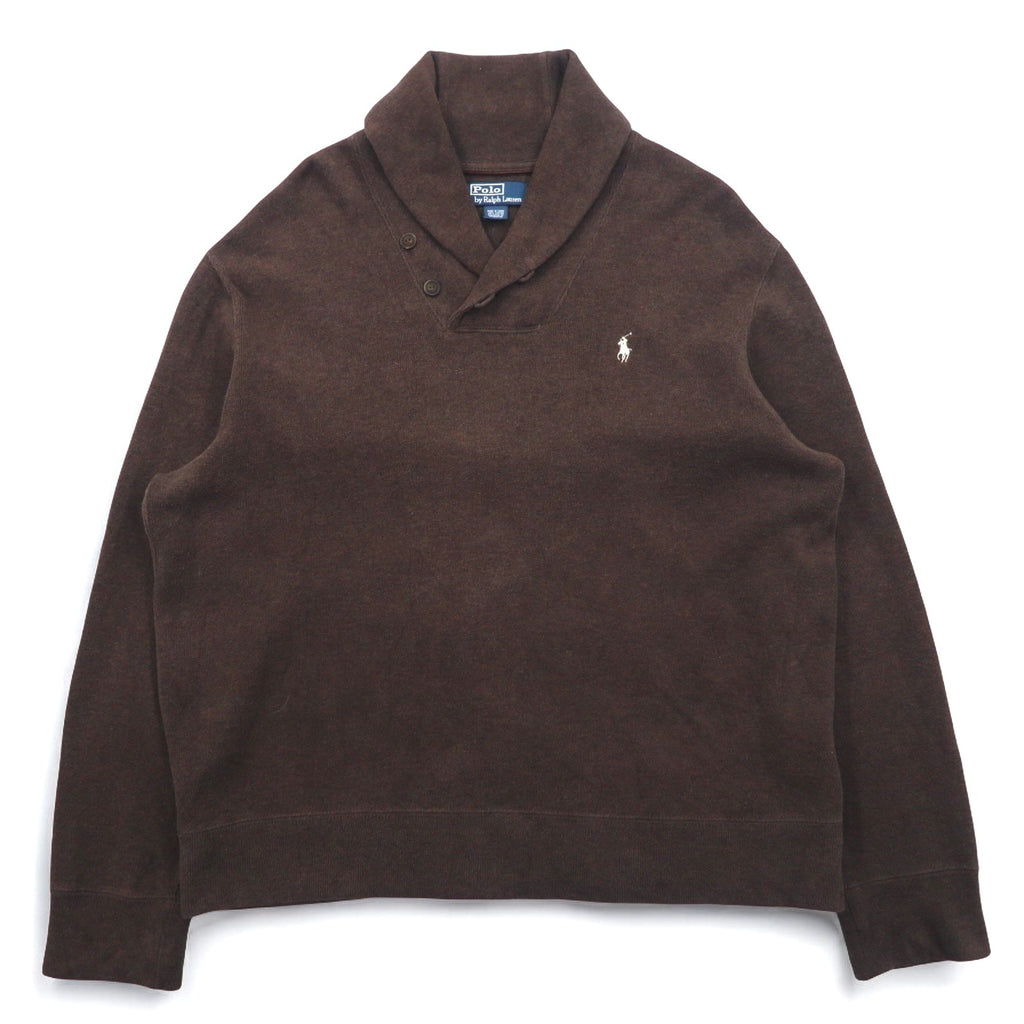 Polo by Ralph Lauren maglione con colletto a scialle e toppe sui gomiti, taglia XL, marrone, con ricamo piccolo pony