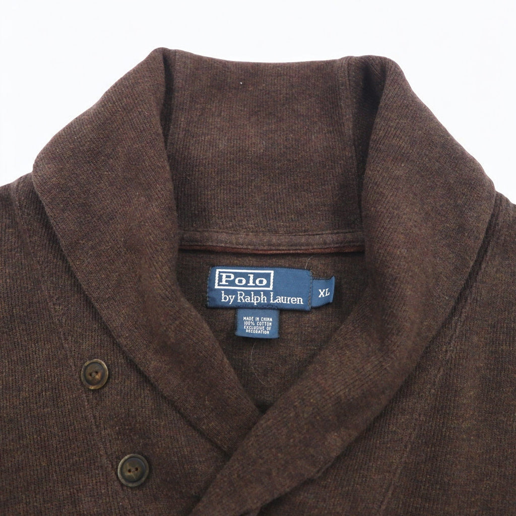 Polo by Ralph Lauren maglione con colletto a scialle e toppe sui gomiti, taglia XL, marrone, con ricamo piccolo pony