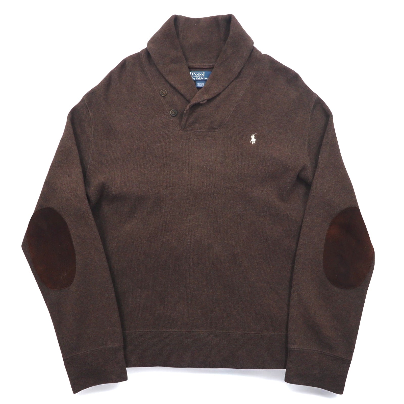 Polo by Ralph Lauren maglione con colletto a scialle e toppe sui gomiti, taglia XL, marrone, con ricamo piccolo pony