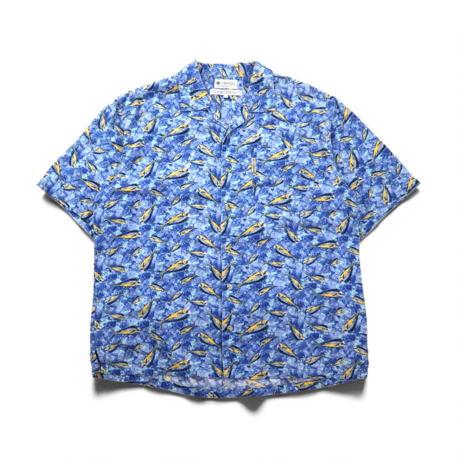 Columbia anni '00 Trawler's Vest Camicia a Maniche Corte con Colletto Aperto Aloha L Blu Fantasia Pesci FM7011
