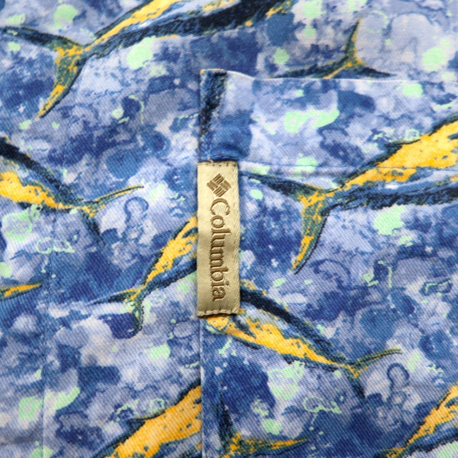 Columbia anni '00 Trawler's Vest Camicia a Maniche Corte con Colletto Aperto Aloha L Blu Fantasia Pesci FM7011