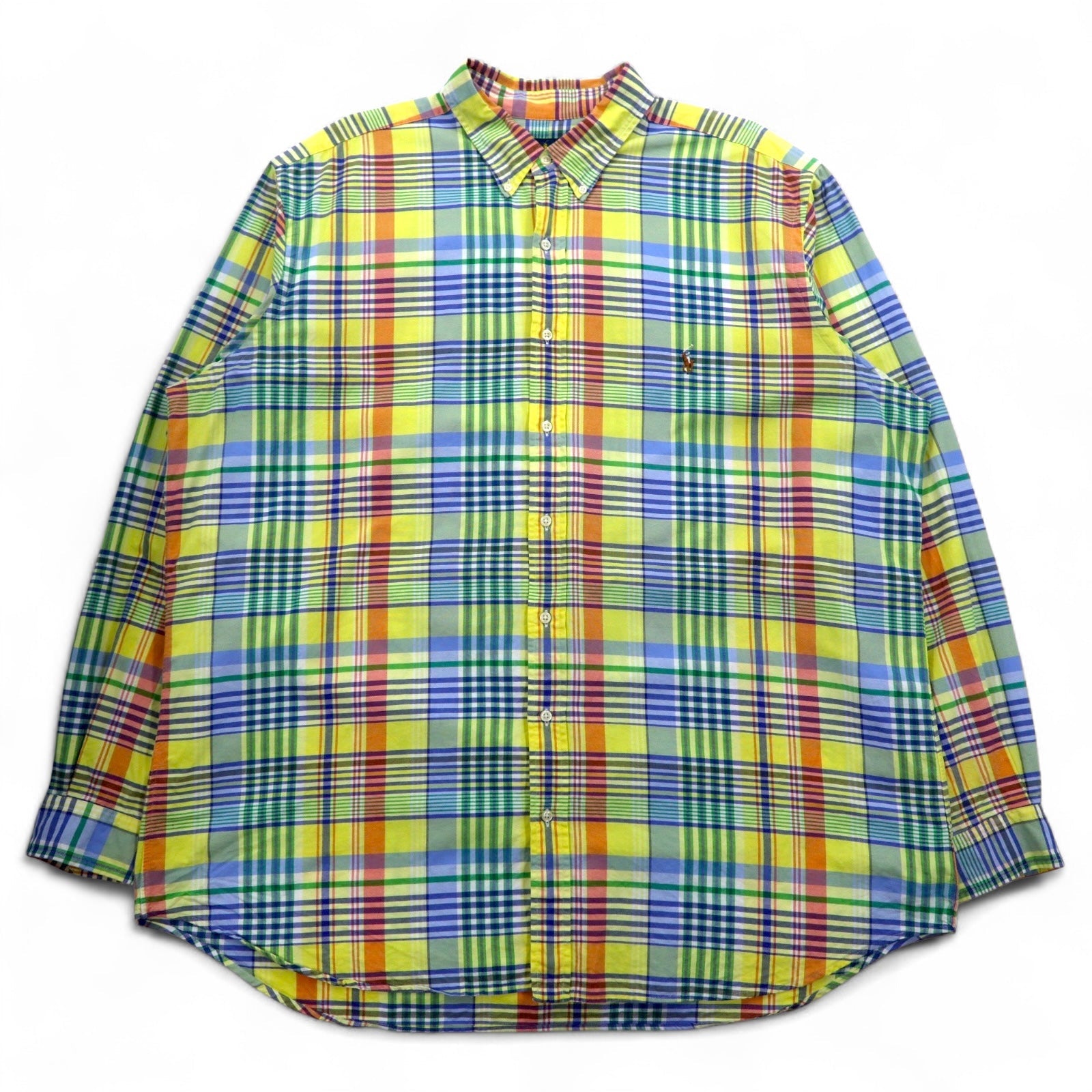 RALPH LAUREN Camicia Button-Down 2XL Gialla A Quadri Oversize Ricamo Piccolo Pony