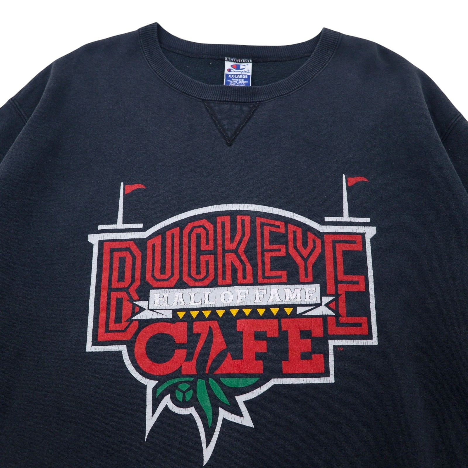 Champion Anni '90 USA Made Stampa Felpa XXL Nera Cotone BUCKEYE CAFE