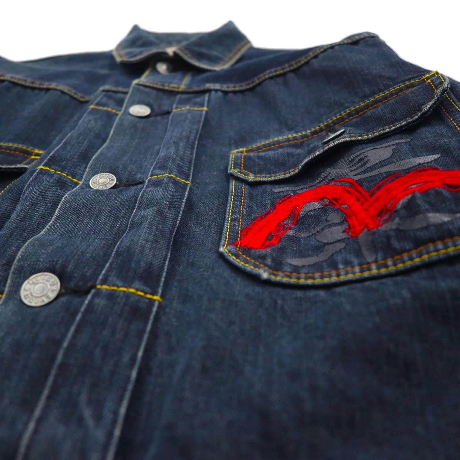 EVISU 2ndタイプ デニム トラッカージャケット Gジャン M 濃紺 インディゴ 赤 カモメ ペイント 東京 大阪 シンチバック セルヴィッヂ