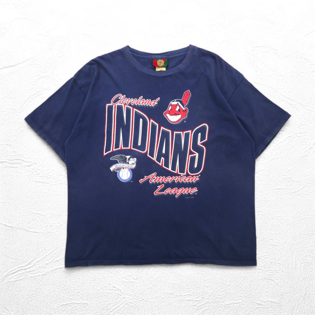 JOSTENS SPORTSWEAR Anni '90 Made in USA MLB INDIANS T-Shirt Stampata XL Blu Navy Cucitura Singola