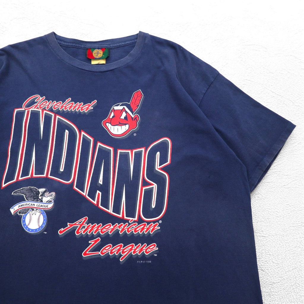 JOSTENS SPORTSWEAR Anni '90 Made in USA MLB INDIANS T-Shirt Stampata XL Blu Navy Cucitura Singola