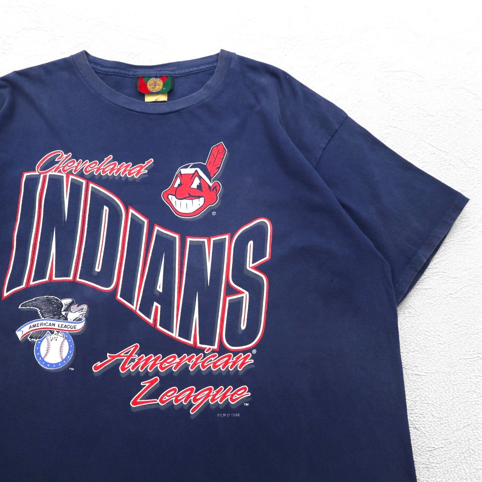 JOSTENS SPORTSWEAR Anni '90 Made in USA MLB INDIANS T-Shirt Stampata XL Blu Navy Cucitura Singola