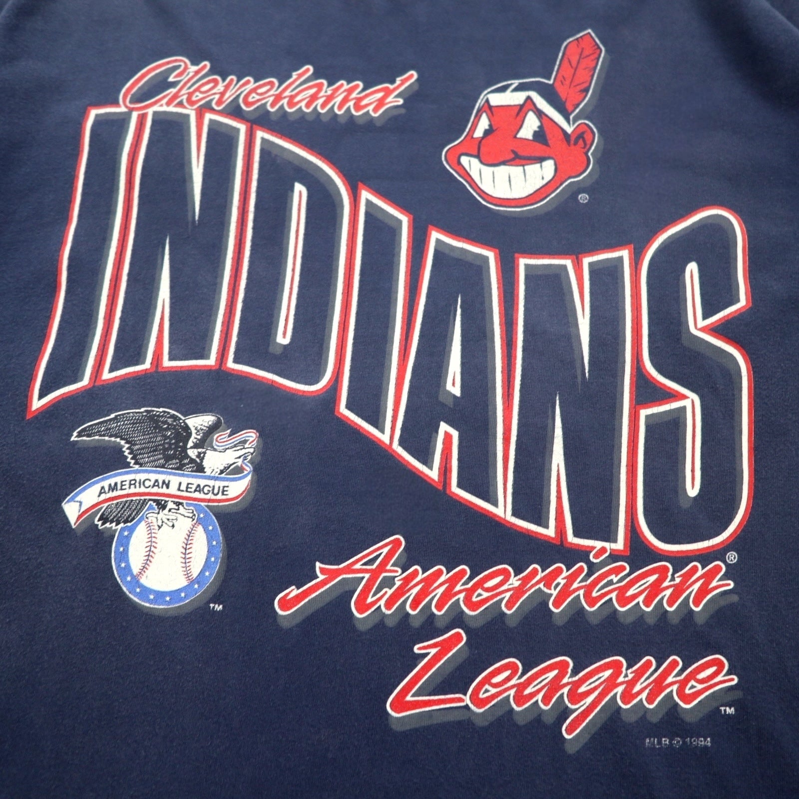 JOSTENS SPORTSWEAR Anni '90 Made in USA MLB INDIANS T-Shirt Stampata XL Blu Navy Cucitura Singola