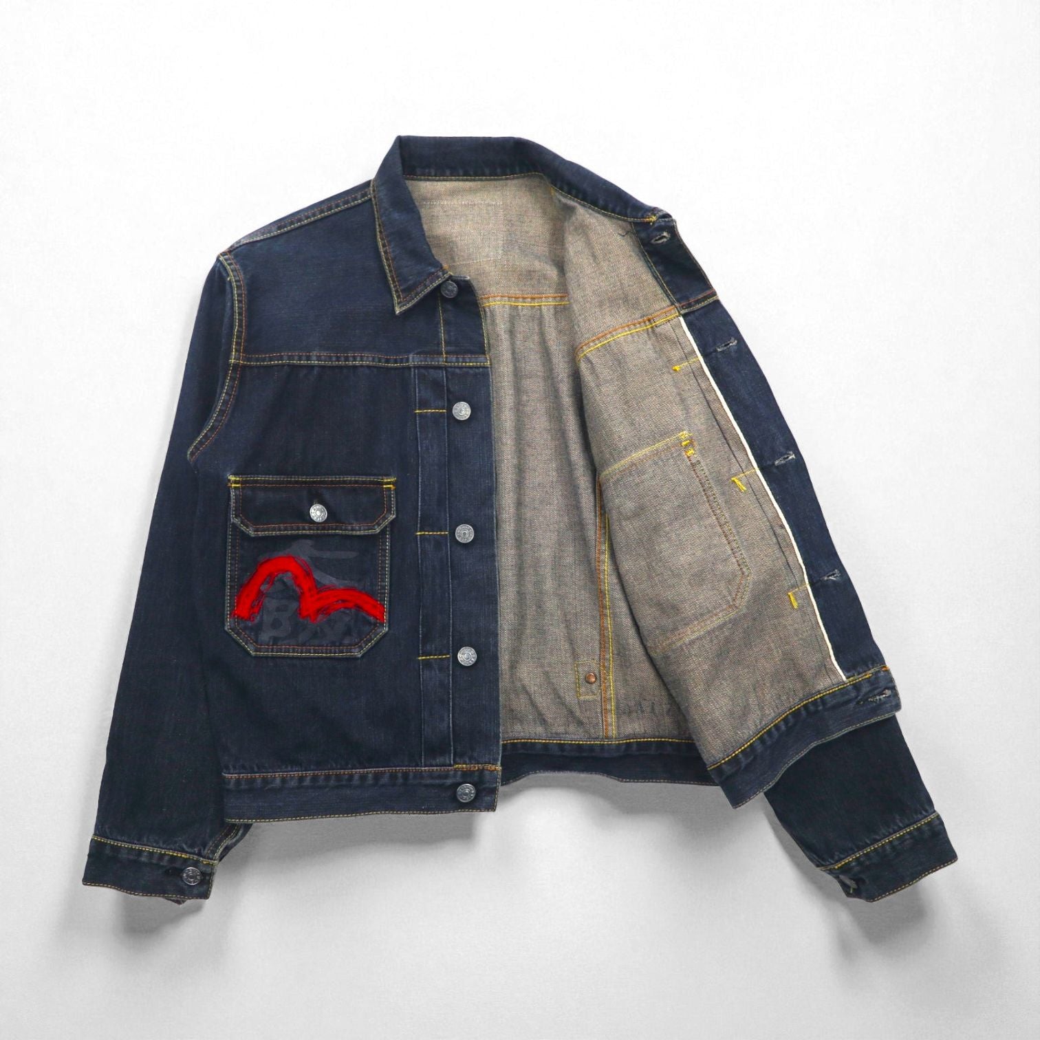 EVISU 2ndタイプ デニム トラッカージャケット Gジャン M 濃紺 インディゴ 赤 カモメ ペイント 東京 大阪 シンチバック セルヴィッヂ