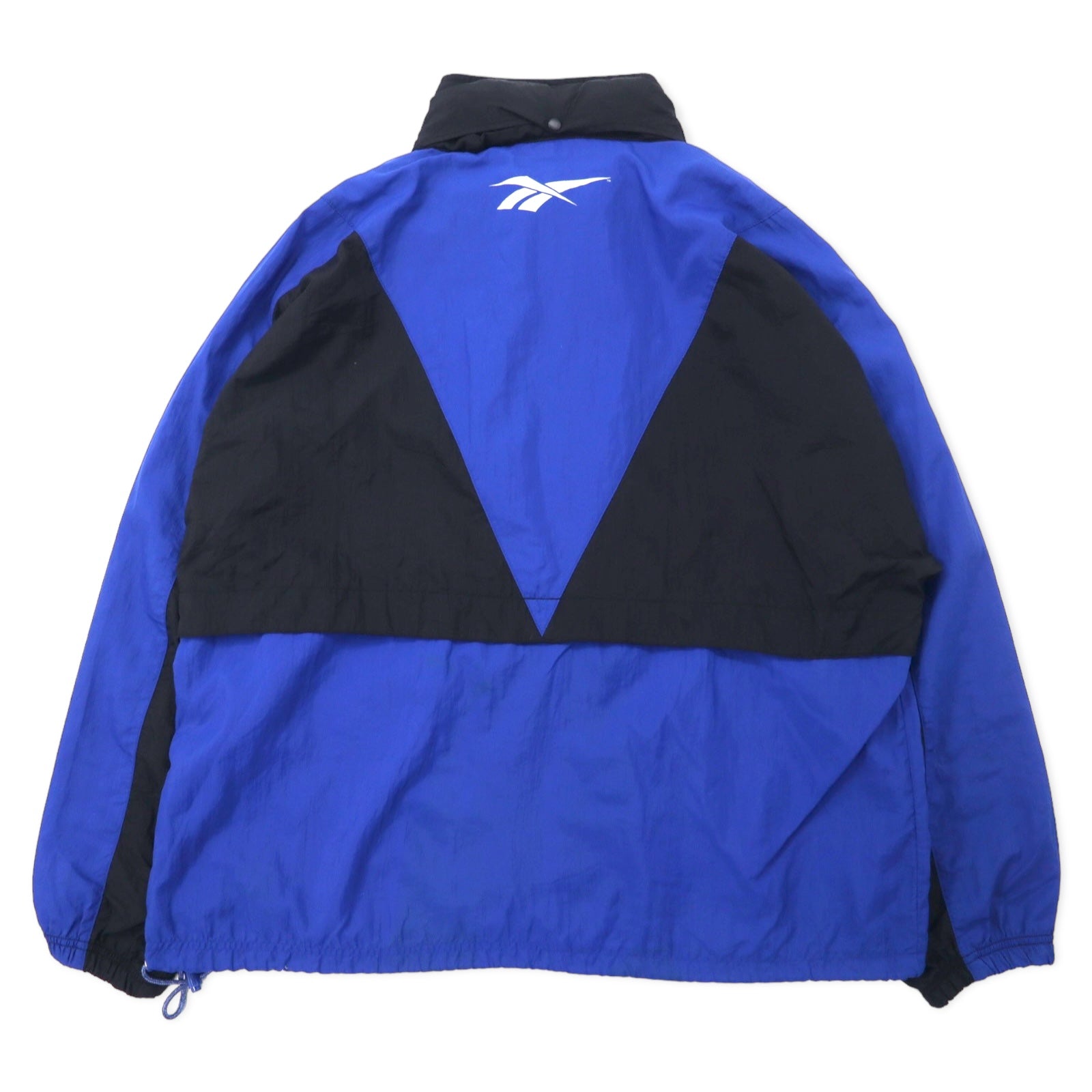Reebok giacca in nylon anni '90, taglia XL, nero e blu, logo vettoriale, cappuccio ripiegabile