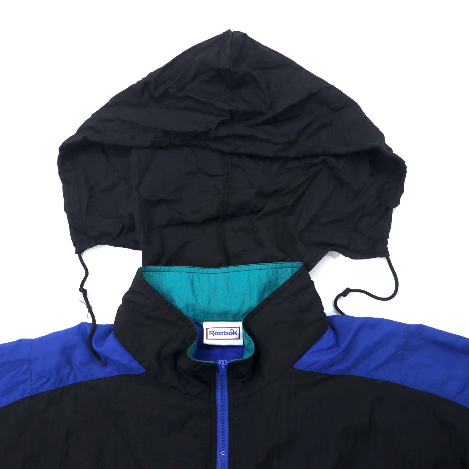 Reebok giacca in nylon anni '90, taglia XL, nero e blu, logo vettoriale, cappuccio ripiegabile