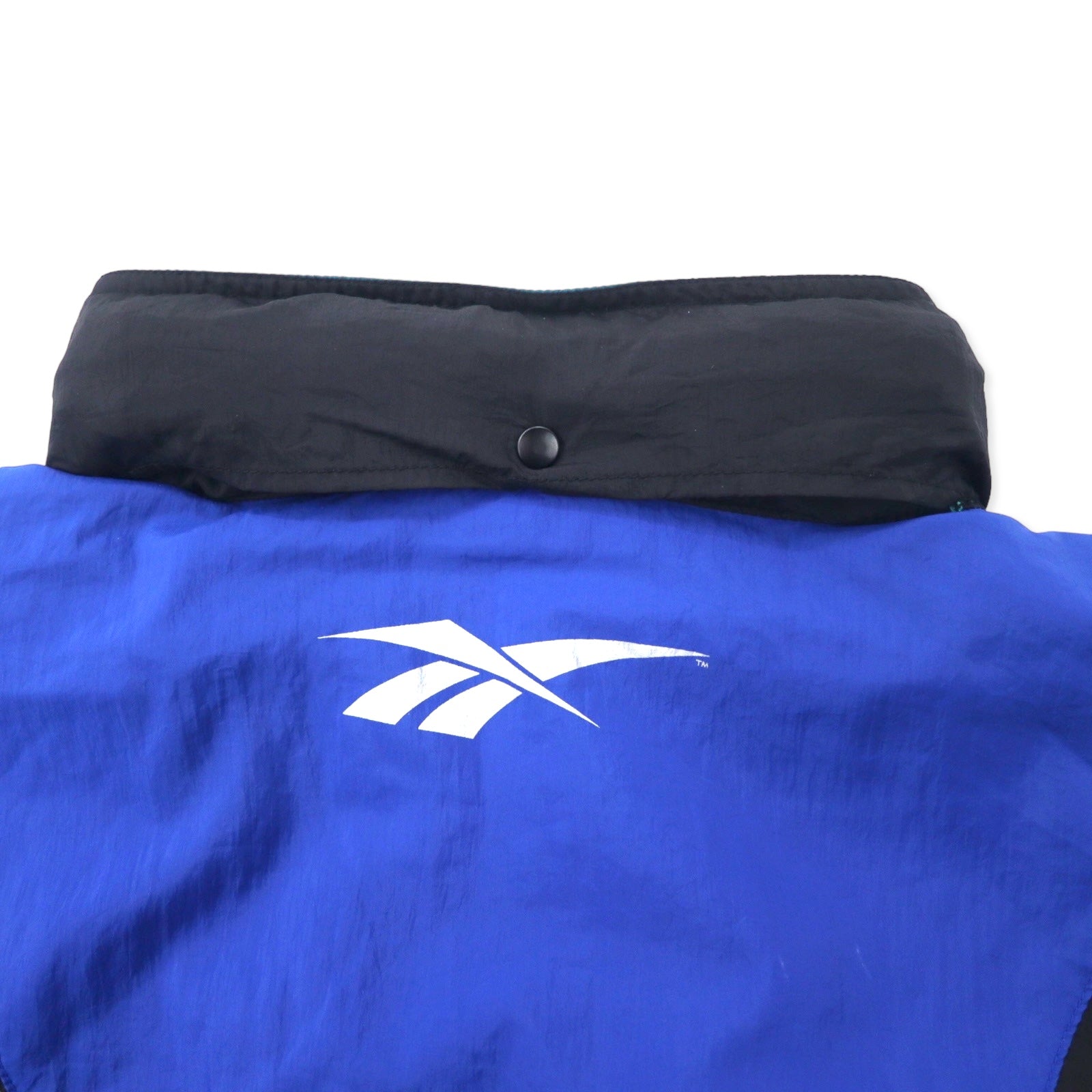 Reebok giacca in nylon anni '90, taglia XL, nero e blu, logo vettoriale, cappuccio ripiegabile