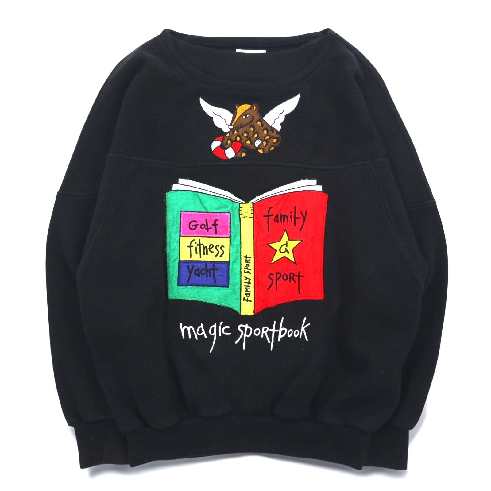Castelbajac sport anni '90, felpa nera con ricamo di personaggi, taglia S, magic sport book, made in Japan