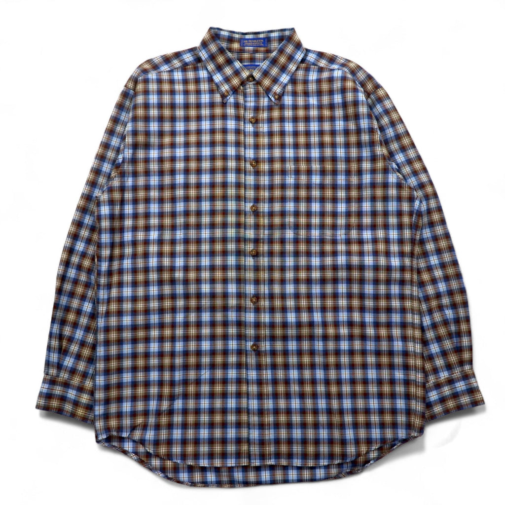 PENDLETON Camicia button-down a quadri in lana L Blu Marrone Fatta in Messico