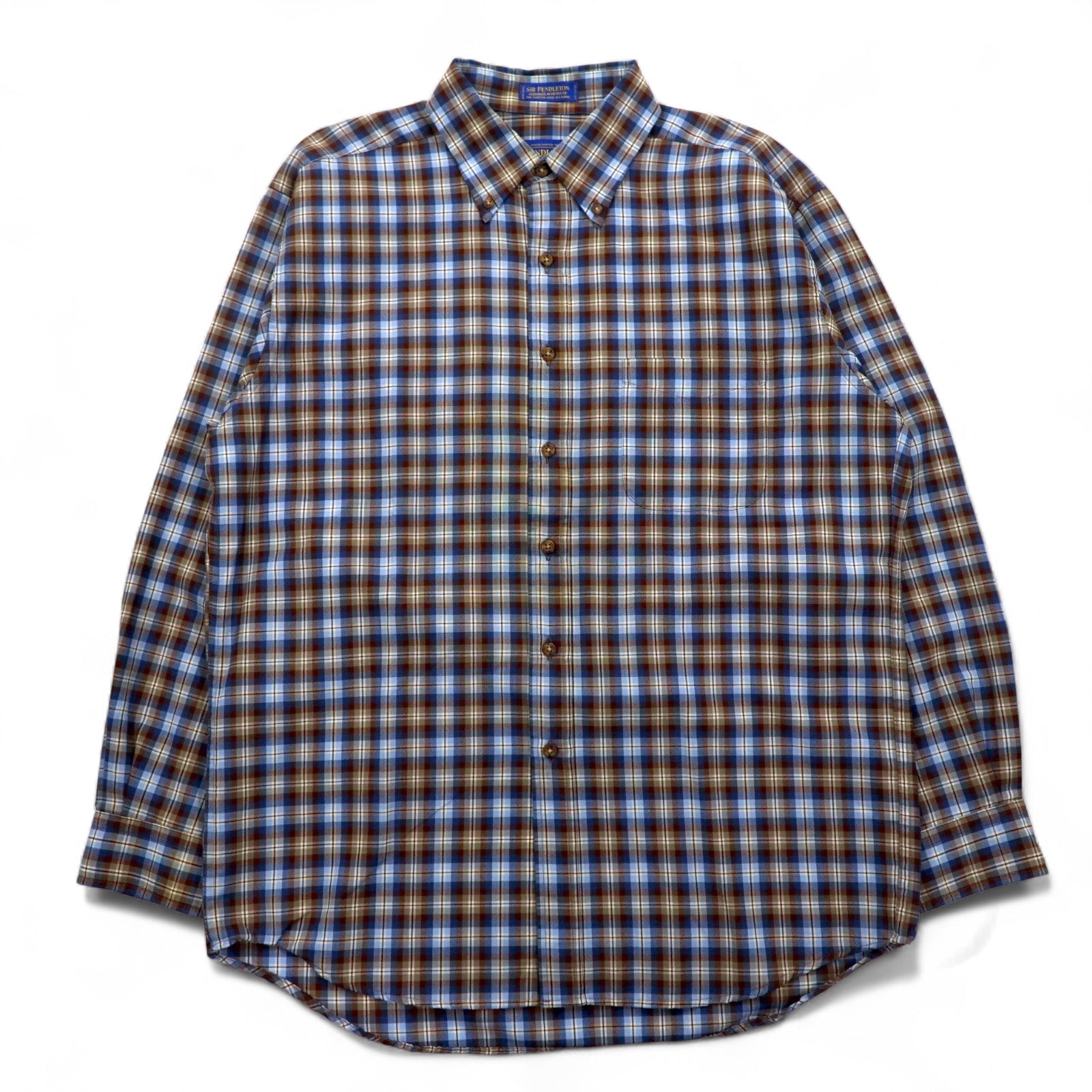 PENDLETON Camicia button-down a quadri in lana L Blu Marrone Fatta in Messico