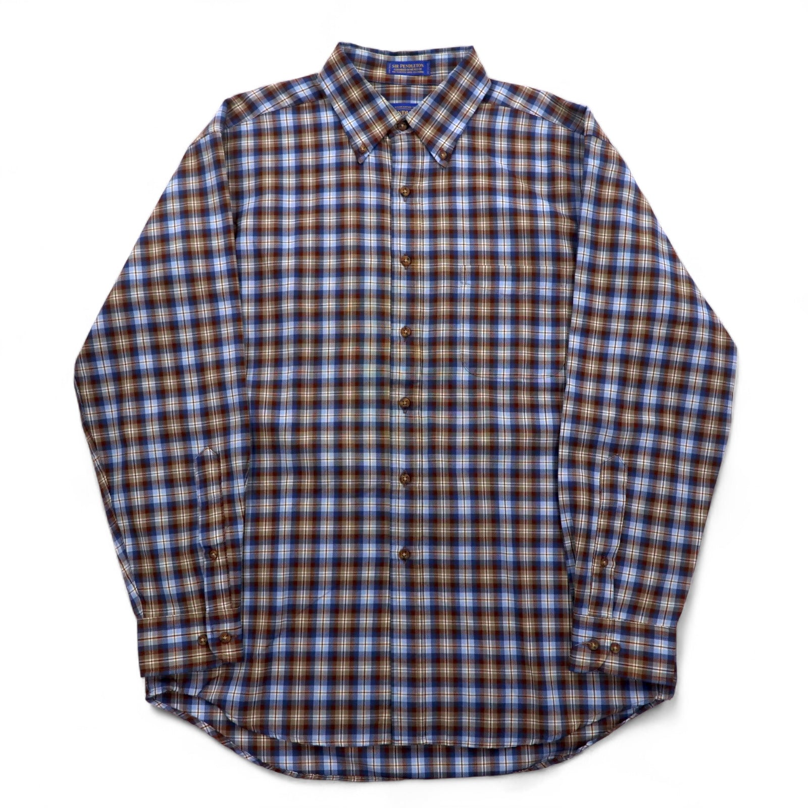 PENDLETON Camicia button-down a quadri in lana L Blu Marrone Fatta in Messico