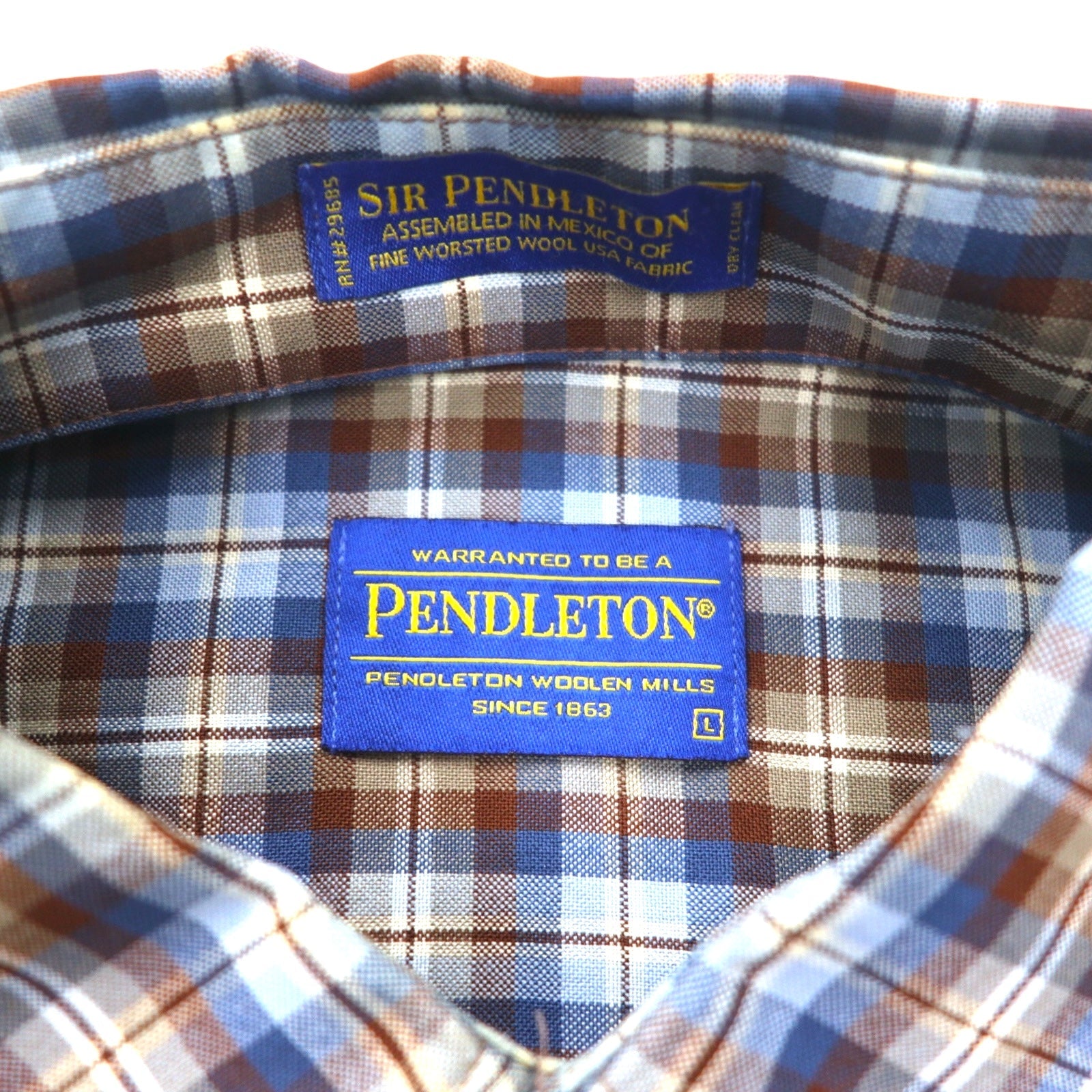 PENDLETON Camicia button-down a quadri in lana L Blu Marrone Fatta in Messico