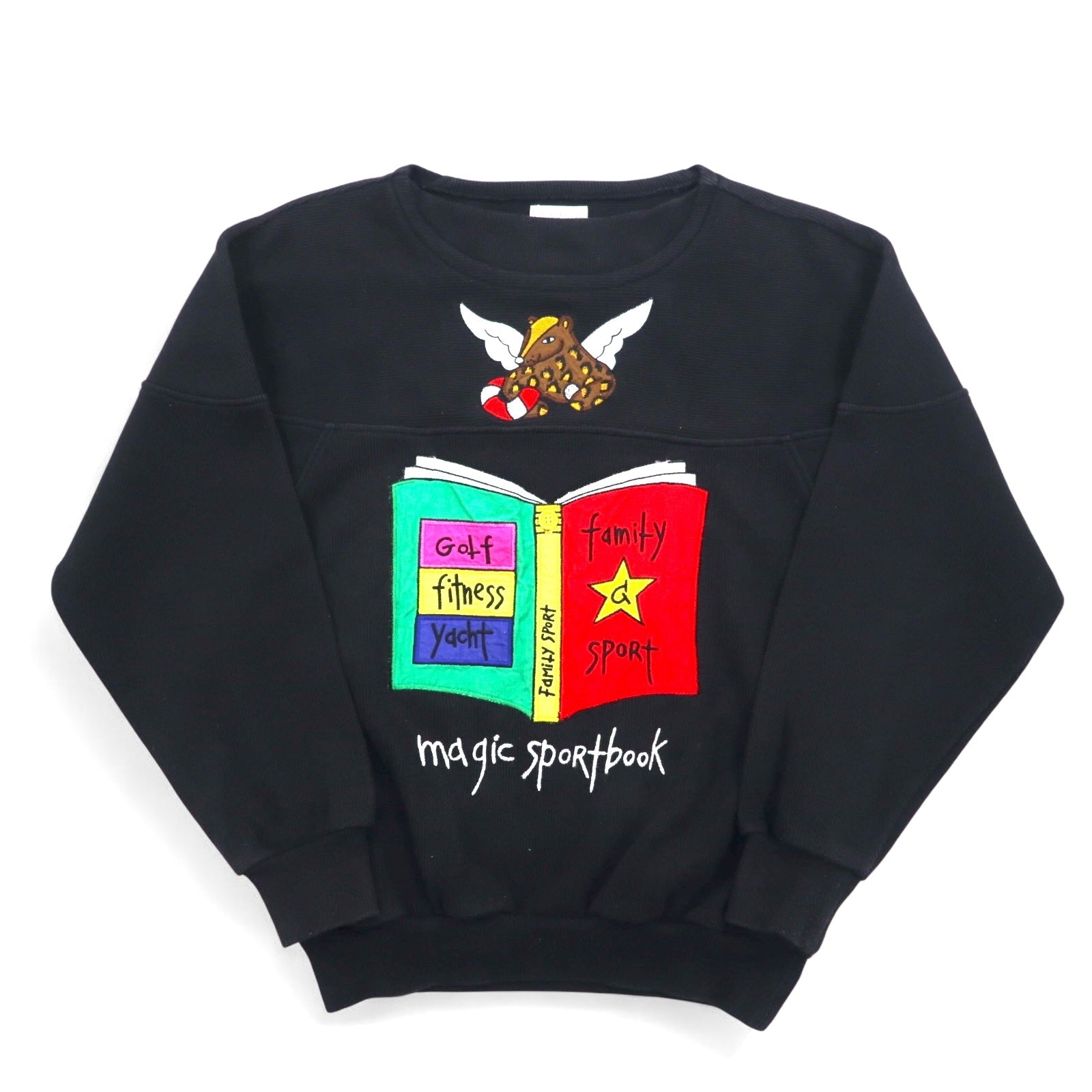 Castelbajac sport anni '90, felpa nera con ricamo di personaggi, taglia S, magic sport book, made in Japan