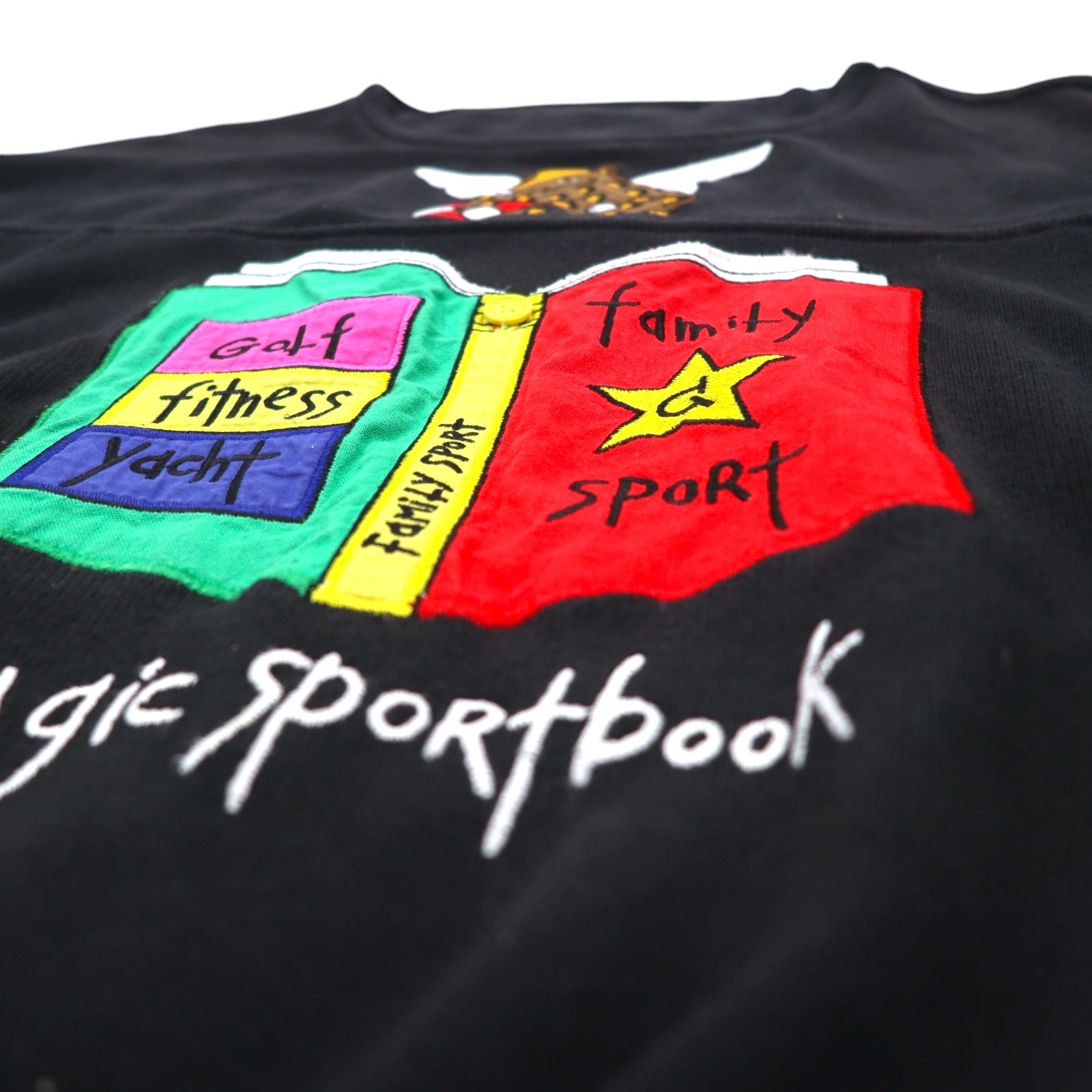 Castelbajac sport anni '90, felpa nera con ricamo di personaggi, taglia S, magic sport book, made in Japan