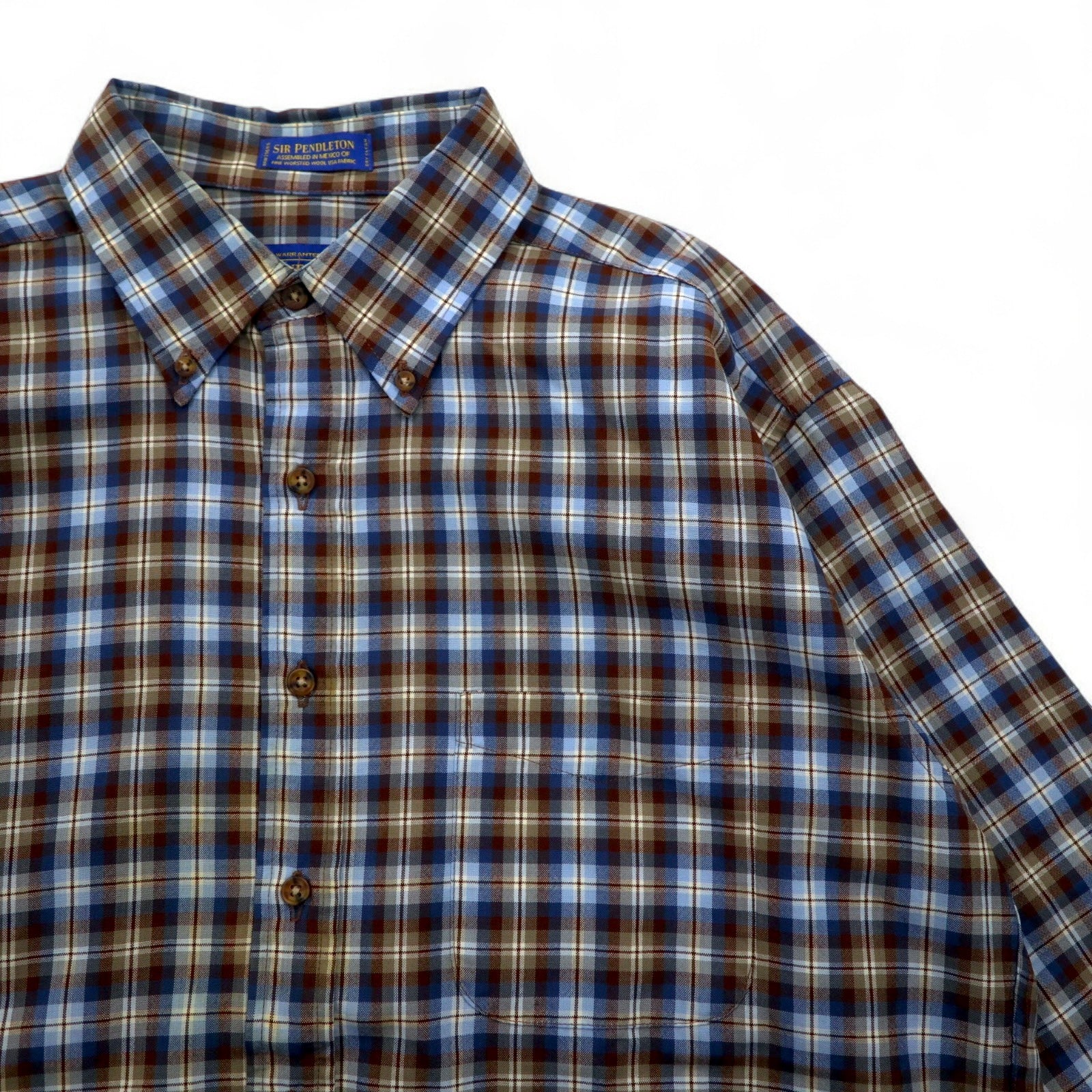 PENDLETON Camicia button-down a quadri in lana L Blu Marrone Fatta in Messico
