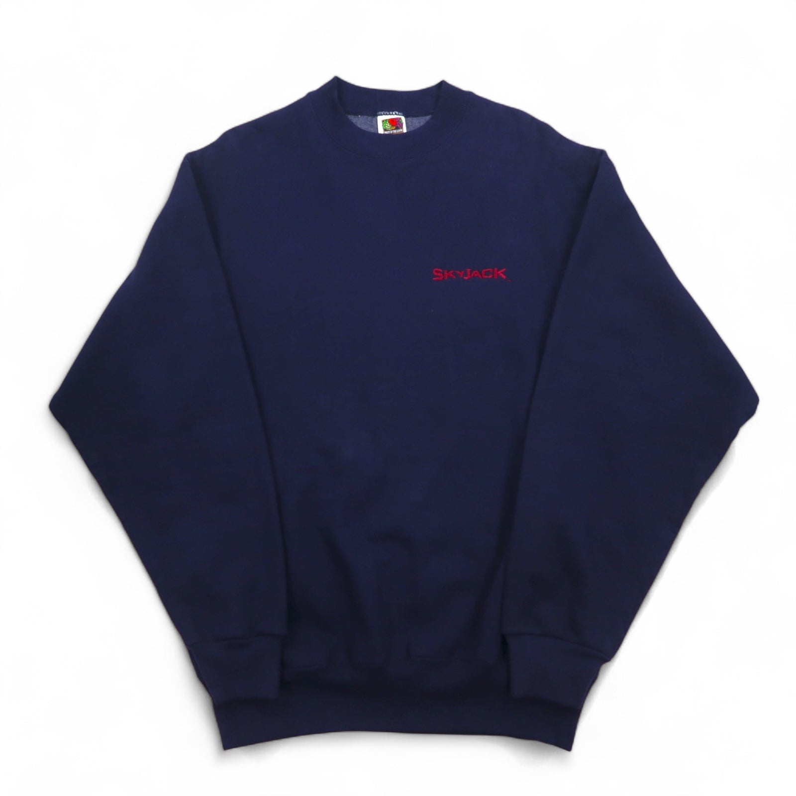FRUIT OF THE LOOM Anni '90 Made in USA Felpa SUPER COTTON L Blu Navy Interno felpato SKYJACK Ricamo monologo