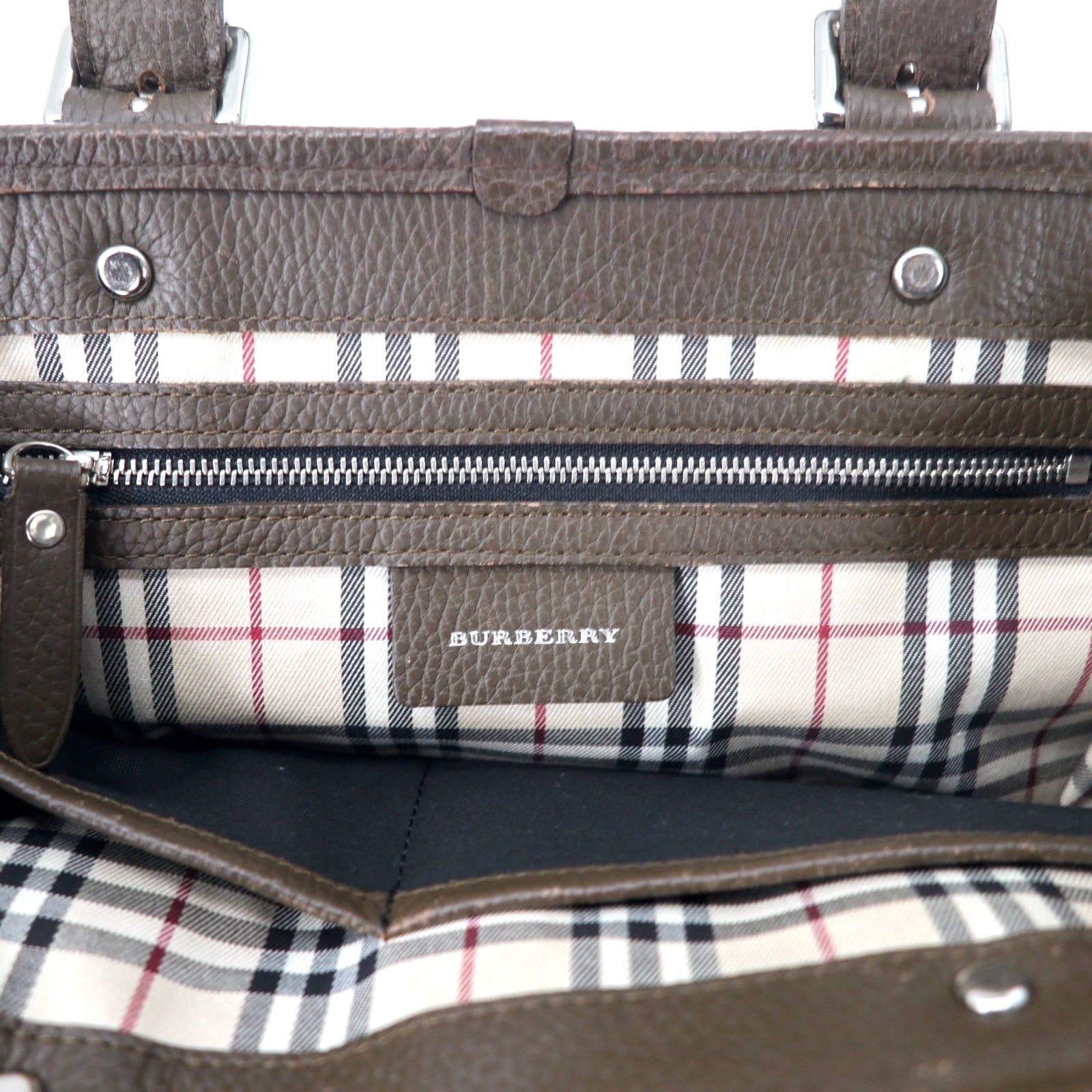 BURBERRY スクエア ハンドバッグ ブラウン レザー シボ革 内側ノバチェック