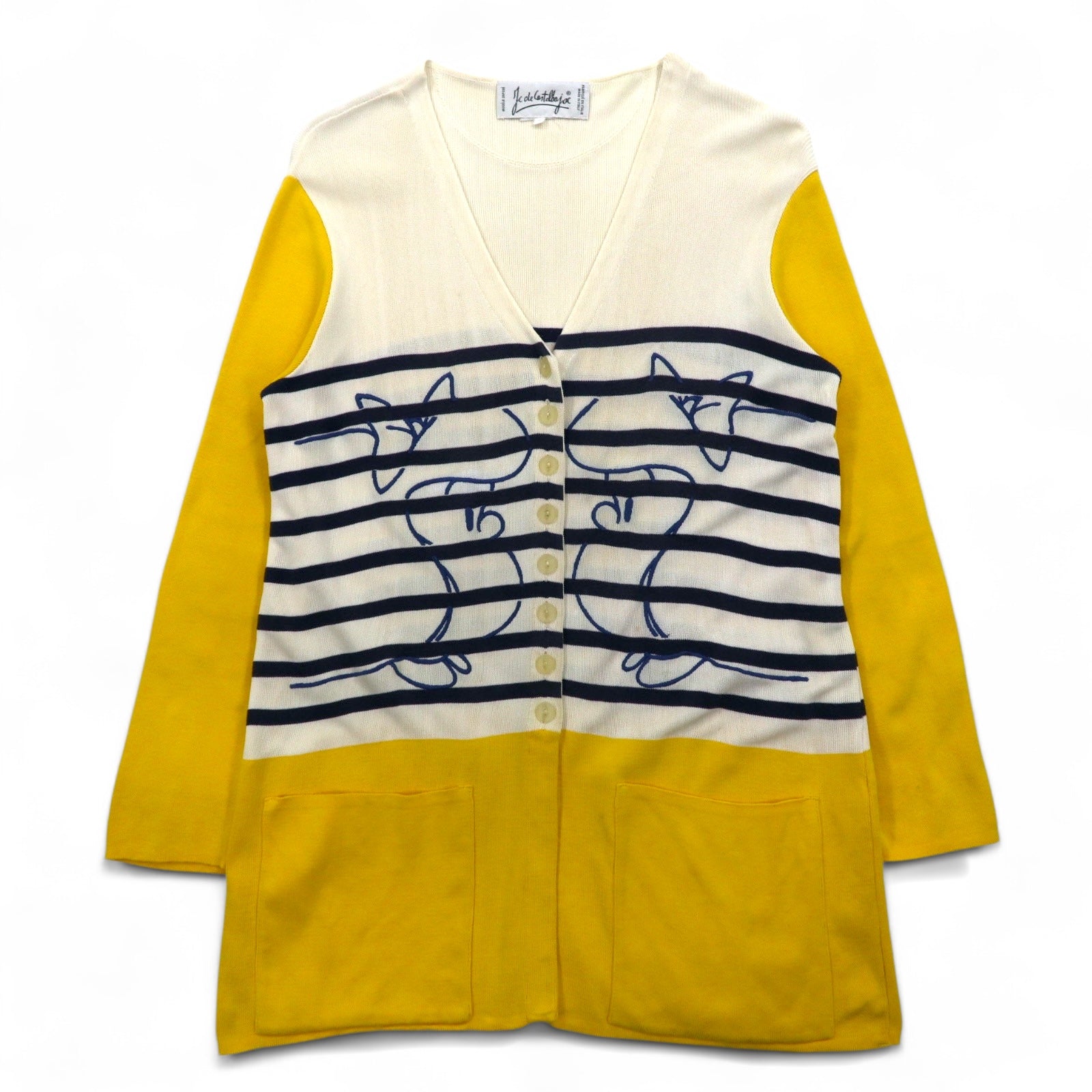 JC de Castelbajac Cardigan Lungo anni '90 in Lana Made in Italy L Beige Giallo Righe Ricamo Personaggio