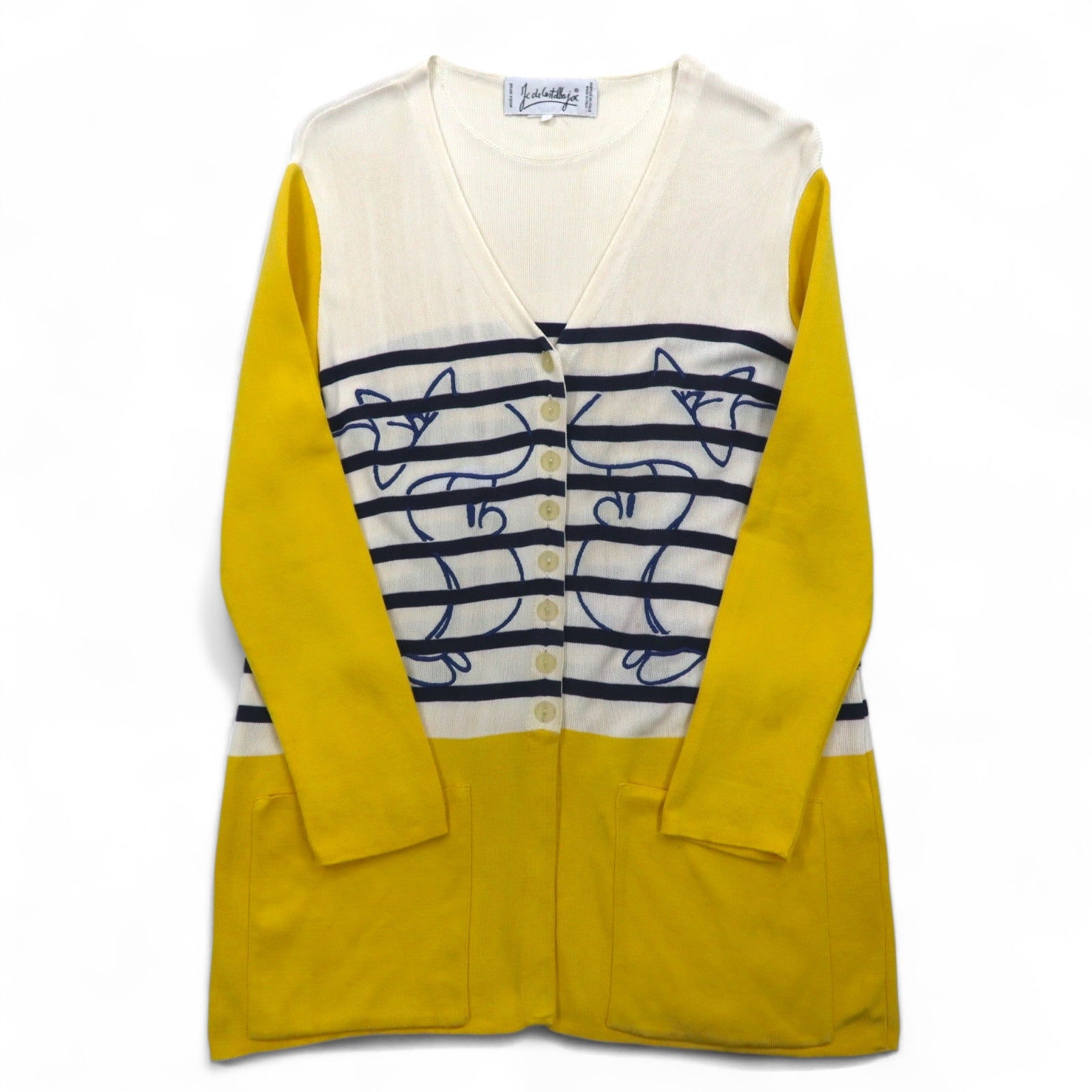 JC de Castelbajac Cardigan Lungo anni '90 in Lana Made in Italy L Beige Giallo Righe Ricamo Personaggio