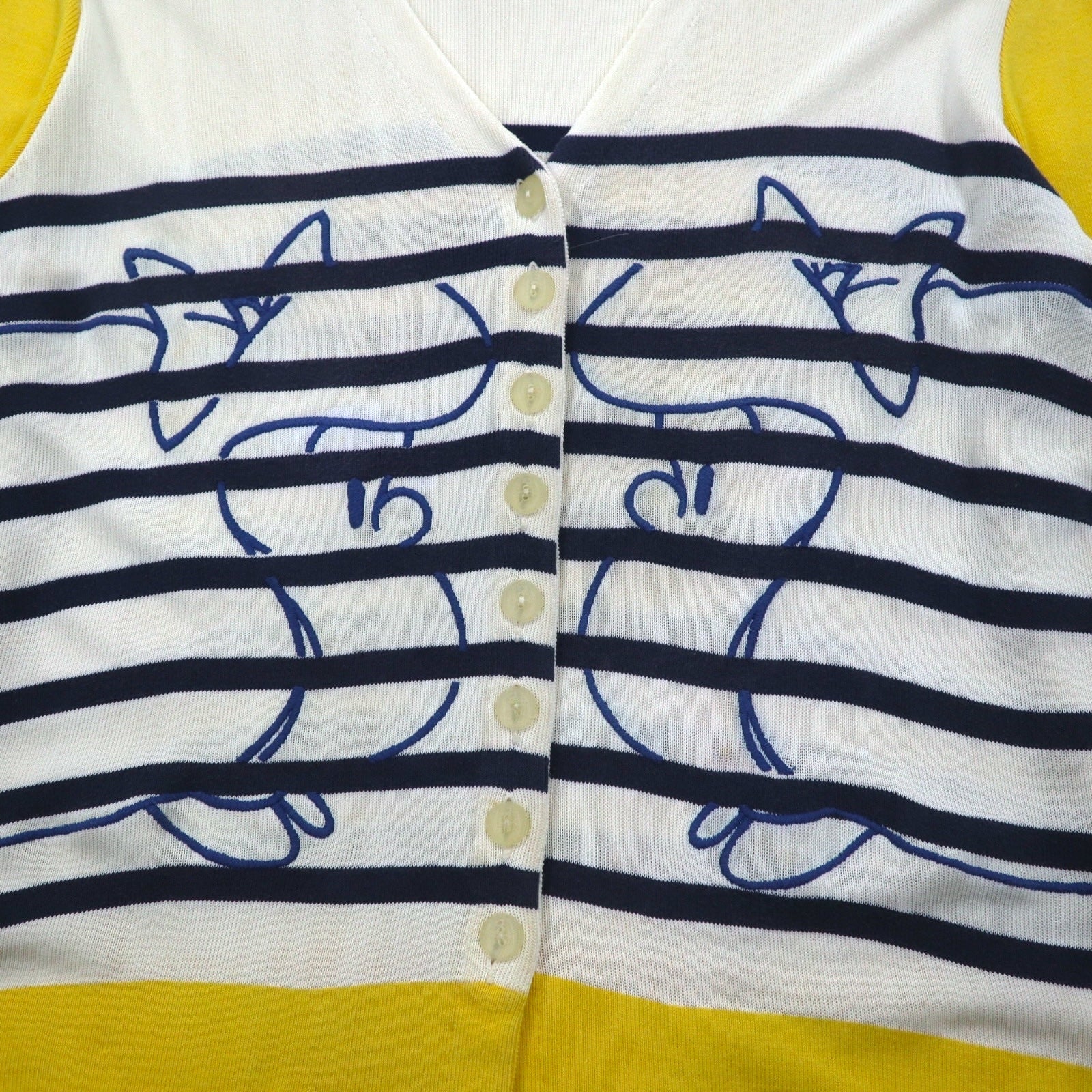 JC de Castelbajac Cardigan Lungo anni '90 in Lana Made in Italy L Beige Giallo Righe Ricamo Personaggio