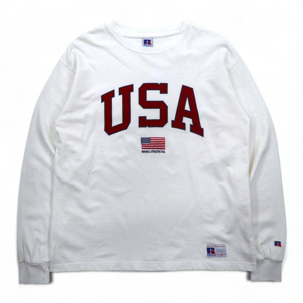 RUSSELL ATHLETIC T-shirt a maniche lunghe L bianco stampa USA bandiera americana ricamata