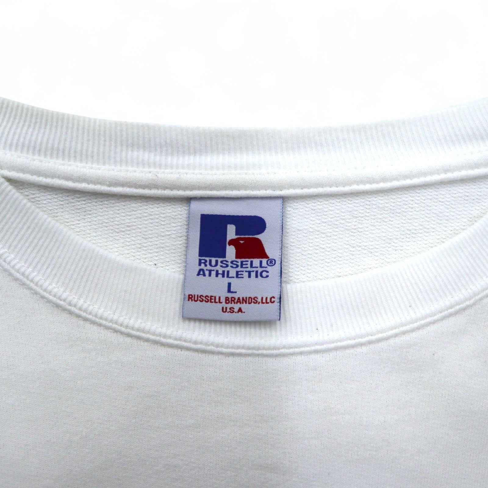RUSSELL ATHLETIC T-shirt a maniche lunghe L bianco stampa USA bandiera americana ricamata