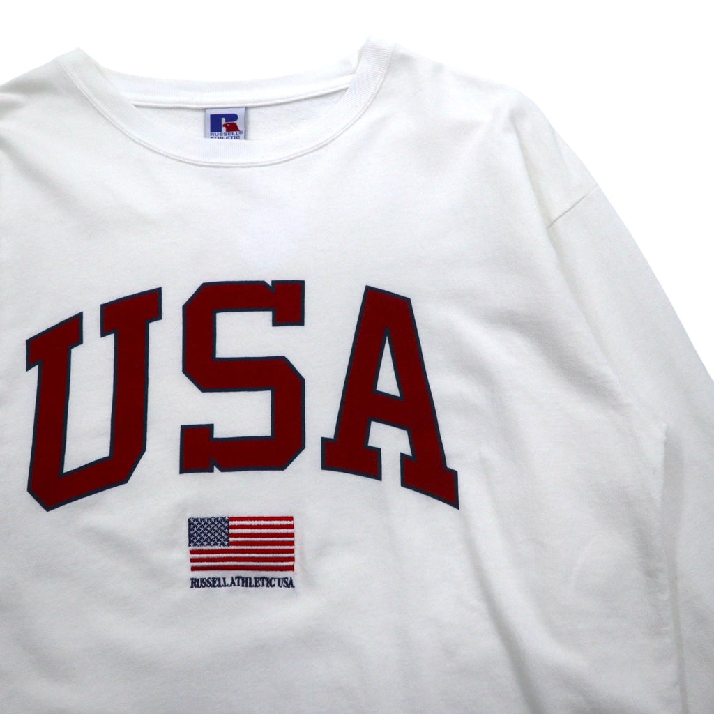 RUSSELL ATHLETIC T-shirt a maniche lunghe L bianco stampa USA bandiera americana ricamata