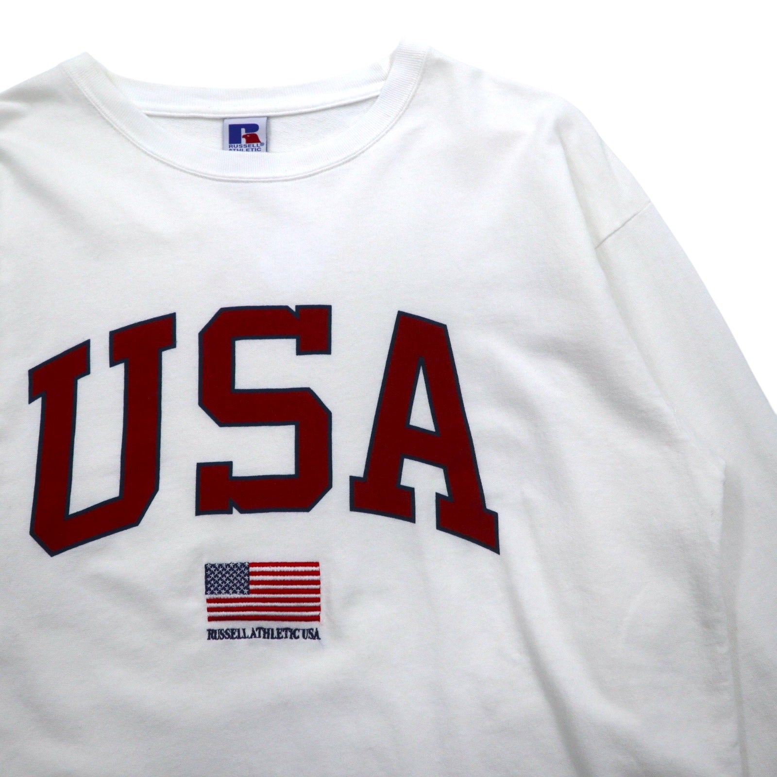RUSSELL ATHLETIC T-shirt a maniche lunghe L bianco stampa USA bandiera americana ricamata