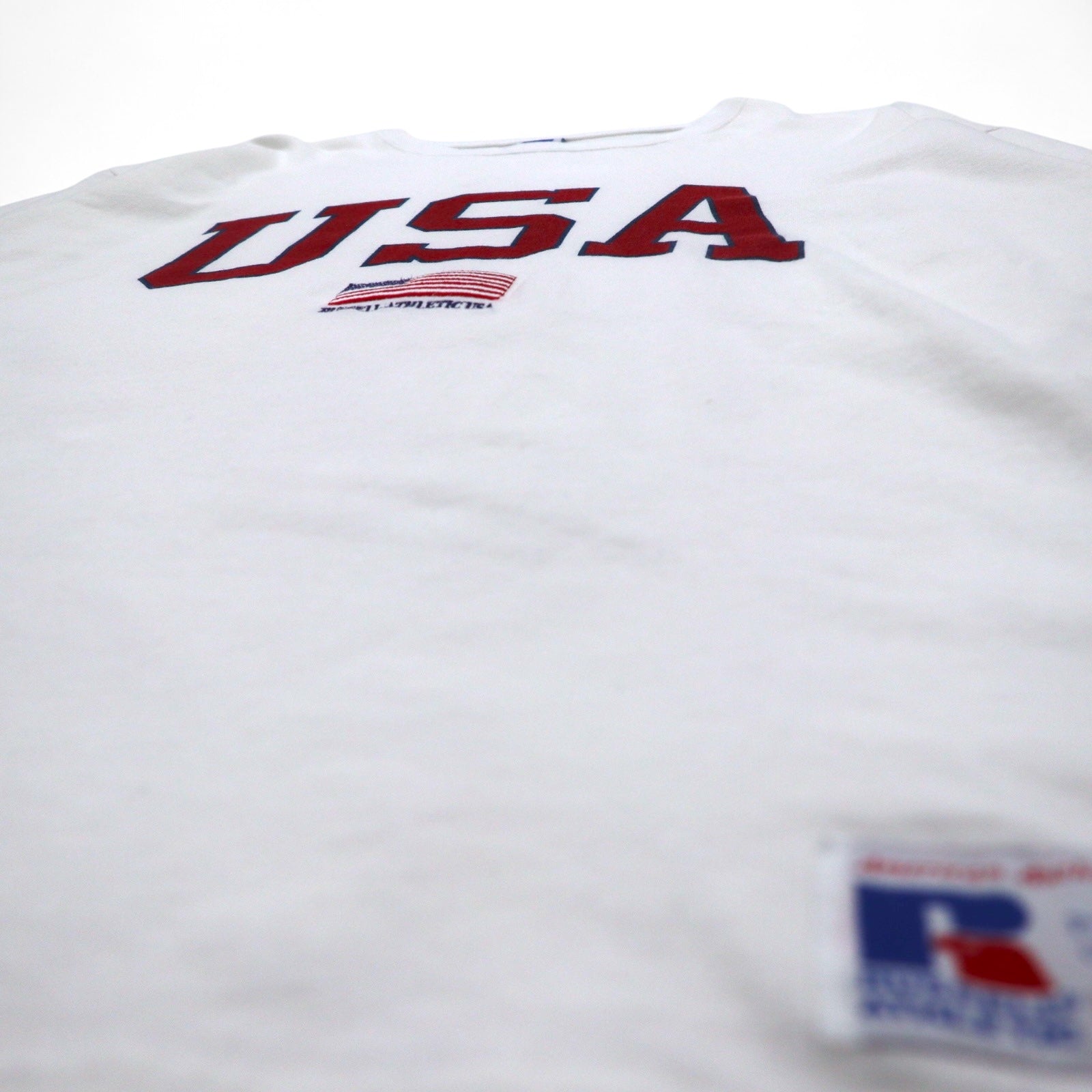 RUSSELL ATHLETIC T-shirt a maniche lunghe L bianco stampa USA bandiera americana ricamata