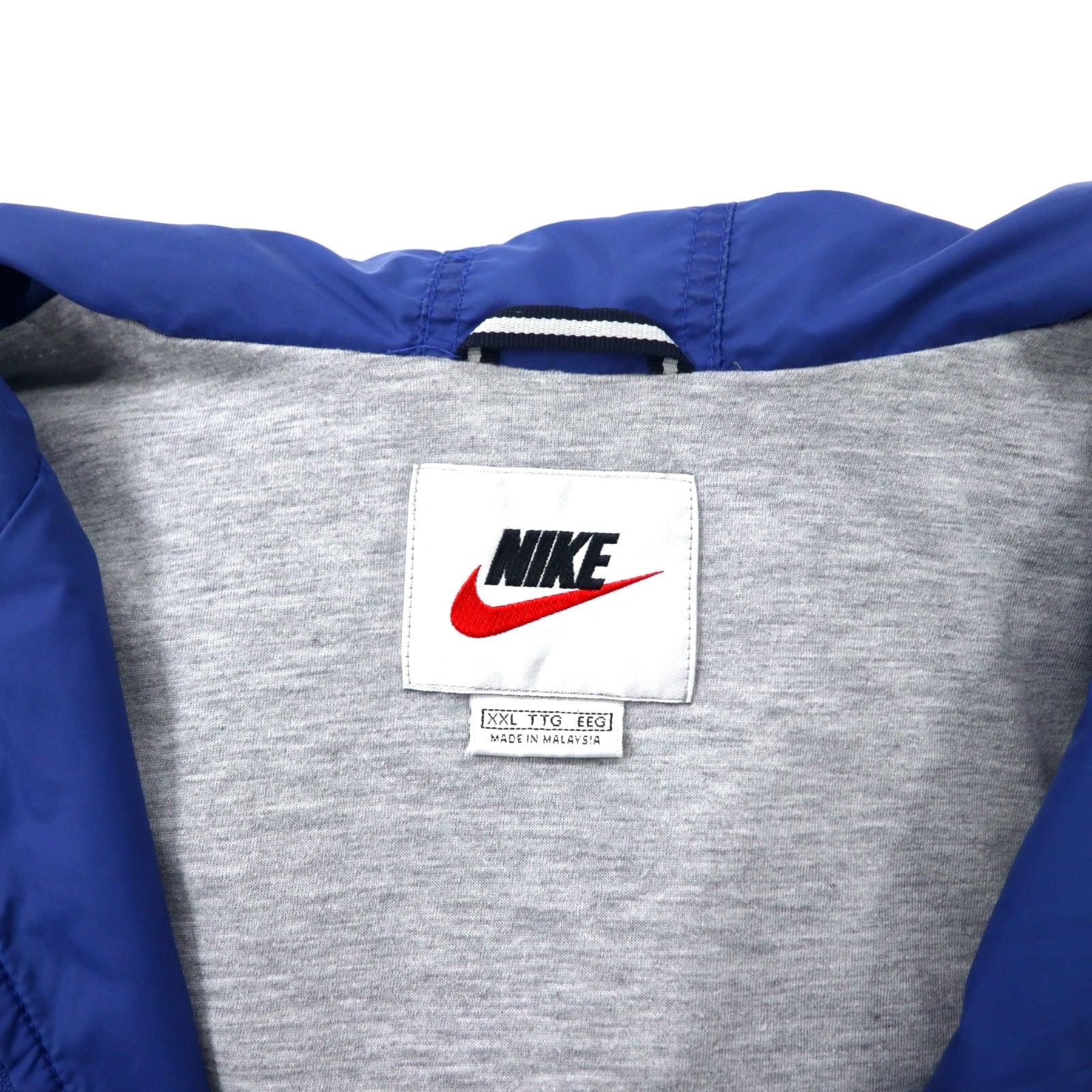 Giacca a vento NIKE anni '90, con cappuccio, taglia XXL, colore blu, logo Swoosh ricamato, etichetta argentata, oversize