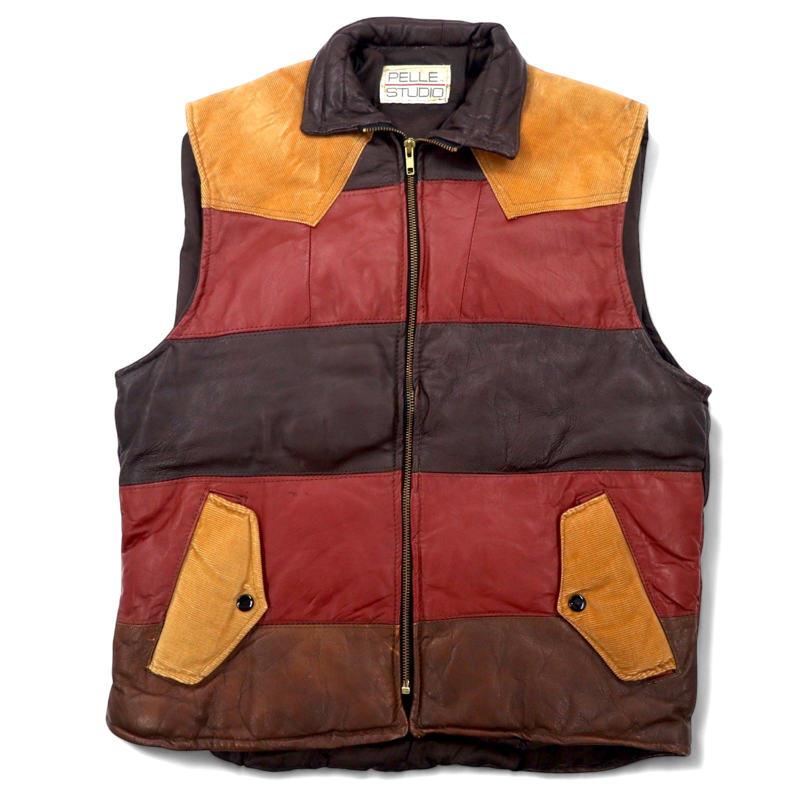 PELLE STUDIO Anni '90 Gilet in piuma di pelle imbottito L Marrone Multicolore Velluto a coste