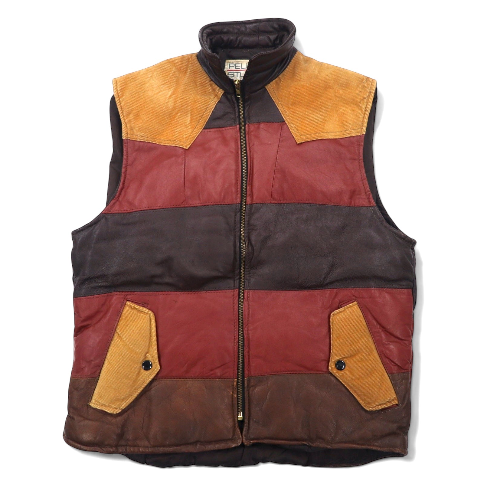 PELLE STUDIO Anni '90 Gilet in piuma di pelle imbottito L Marrone Multicolore Velluto a coste