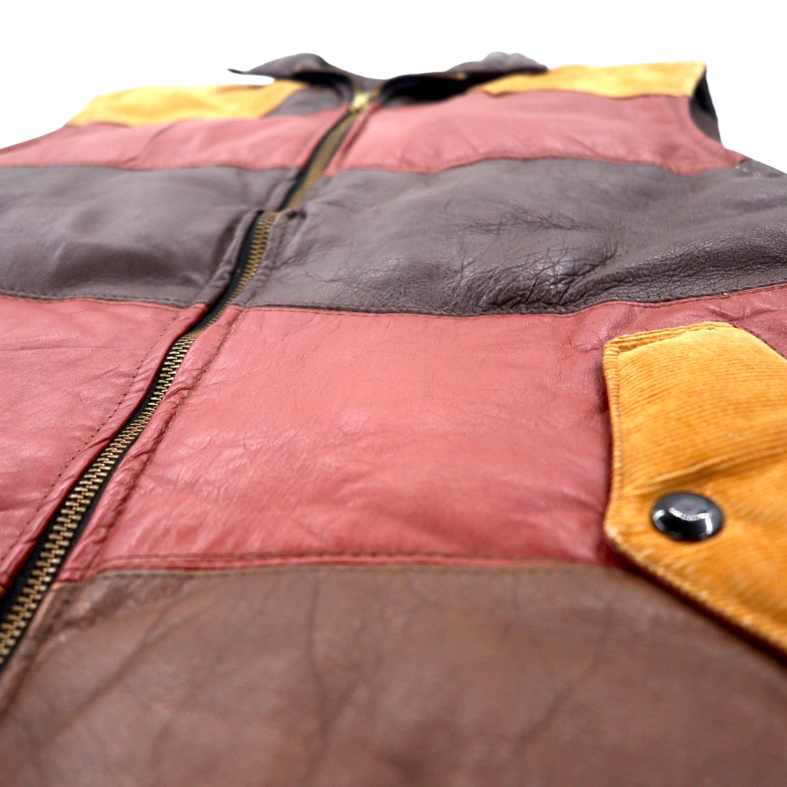 PELLE STUDIO Anni '90 Gilet in piuma di pelle imbottito L Marrone Multicolore Velluto a coste