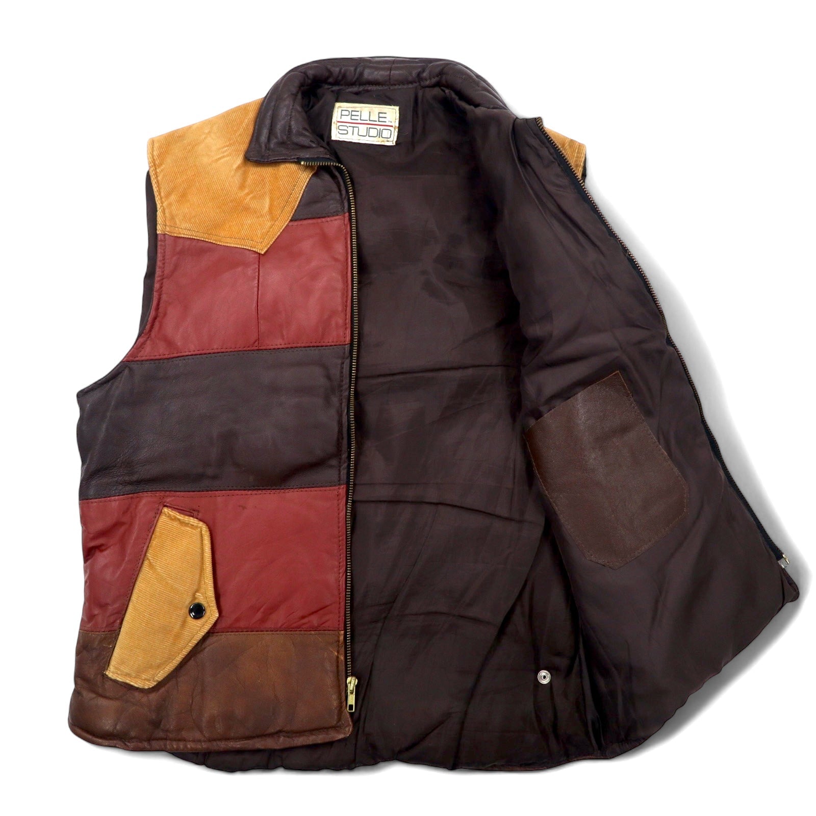 PELLE STUDIO Anni '90 Gilet in piuma di pelle imbottito L Marrone Multicolore Velluto a coste