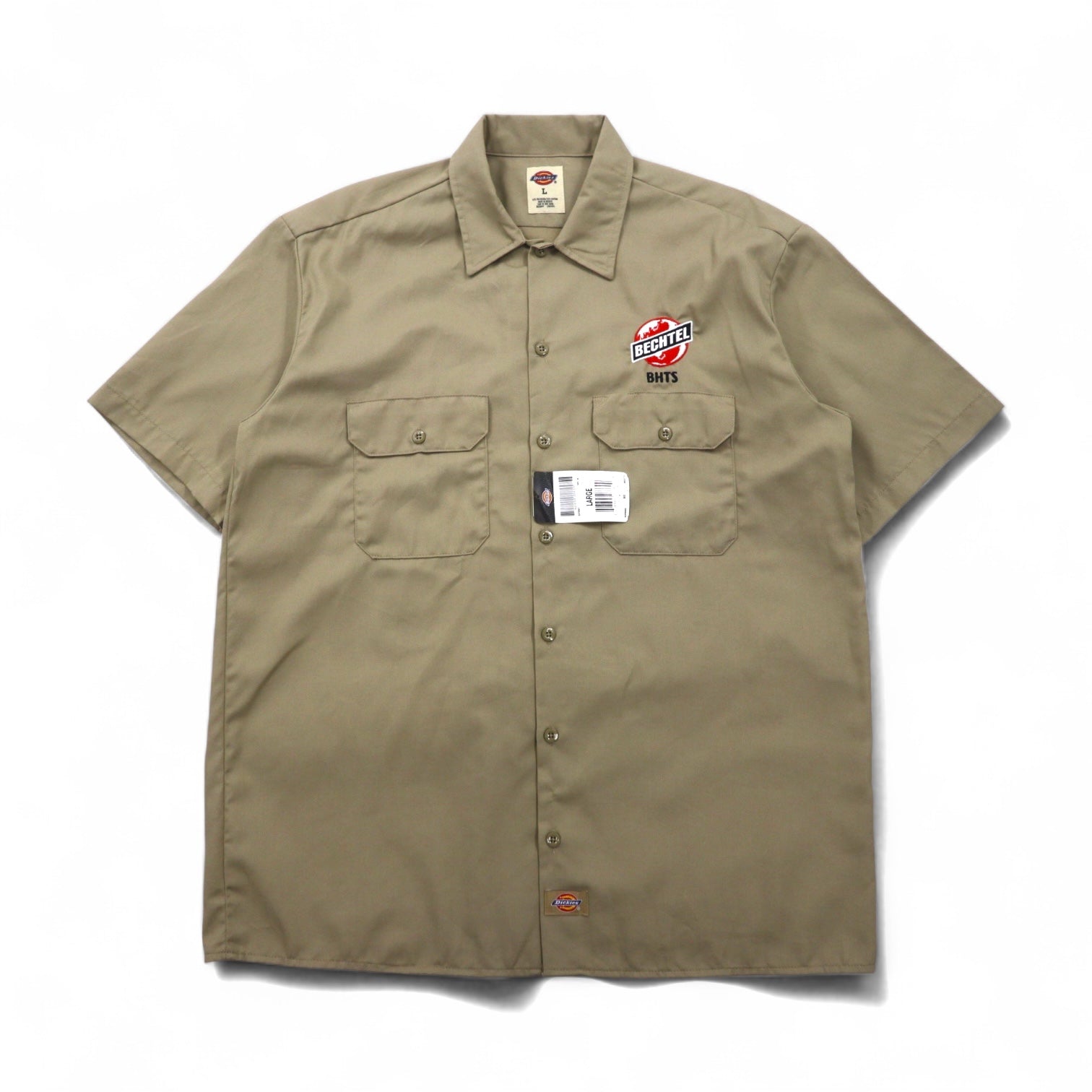 Camicia da lavoro Dickies a maniche corte, taglia L, beige, logo aziendale USA ricamato, doppie tasche, BHTS 1574KH, mai usata