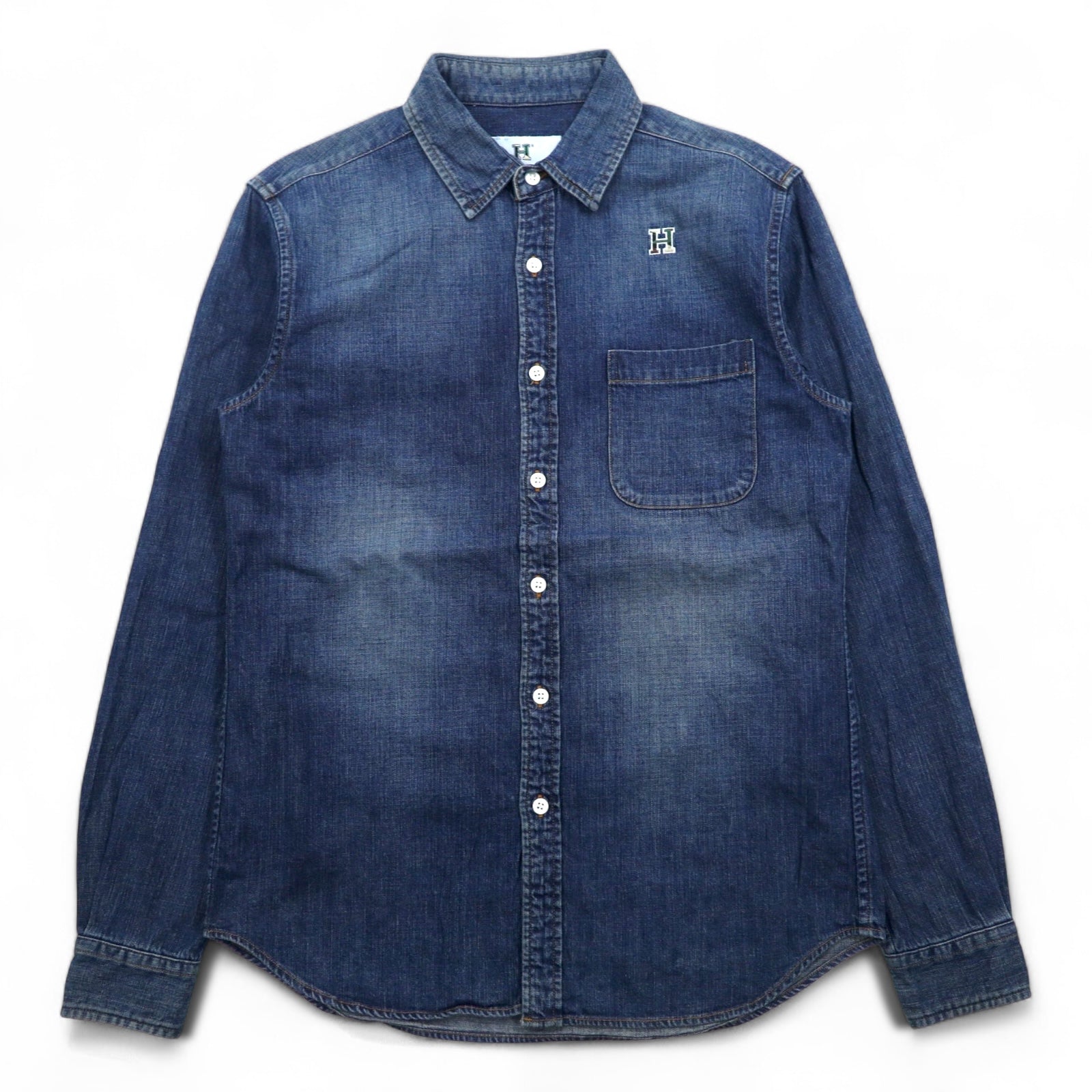 Camicia denim HBNS da lavoro, taglia S, blu indaco, con logo ricamato e taschino sul petto, made in Japan