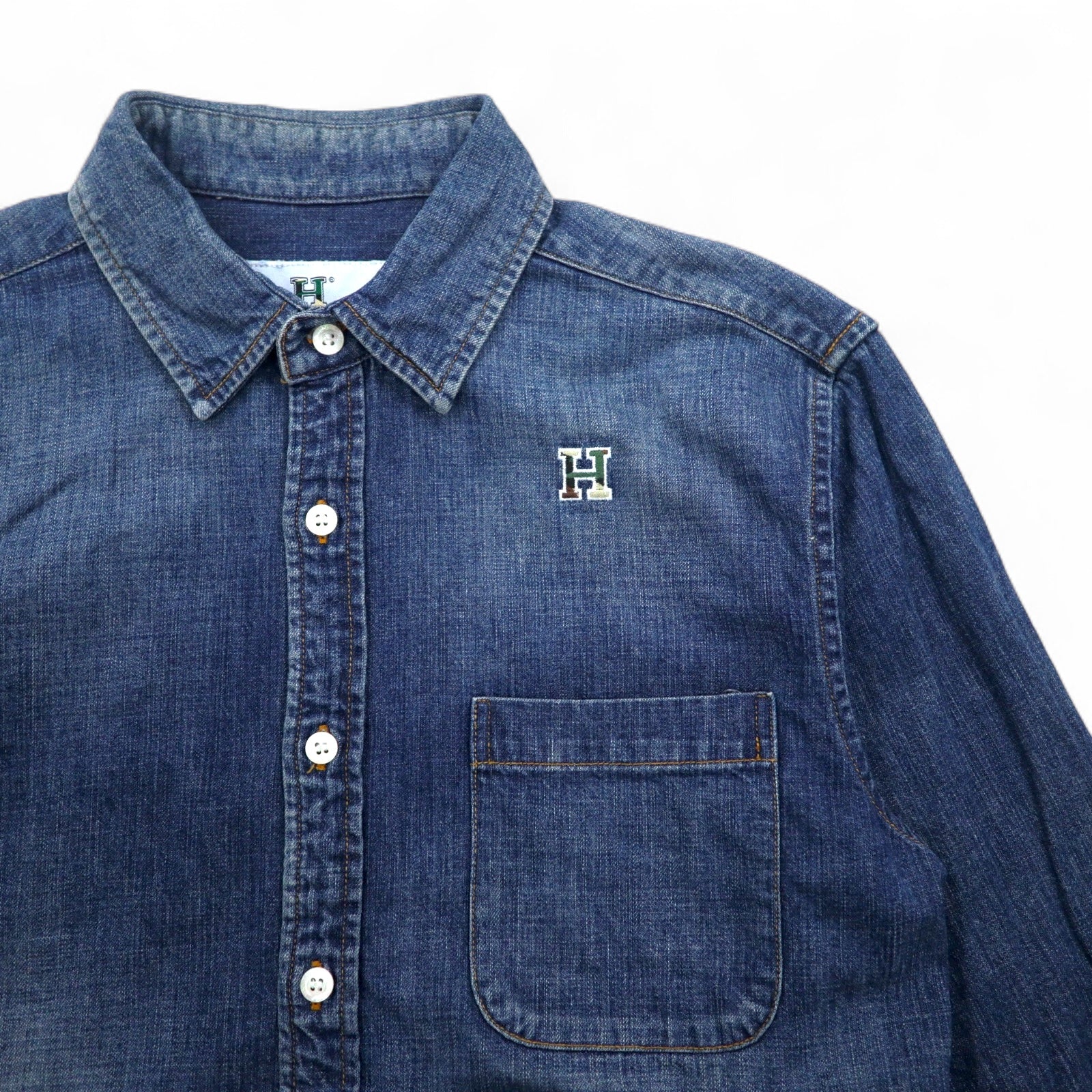 Camicia denim HBNS da lavoro, taglia S, blu indaco, con logo ricamato e taschino sul petto, made in Japan