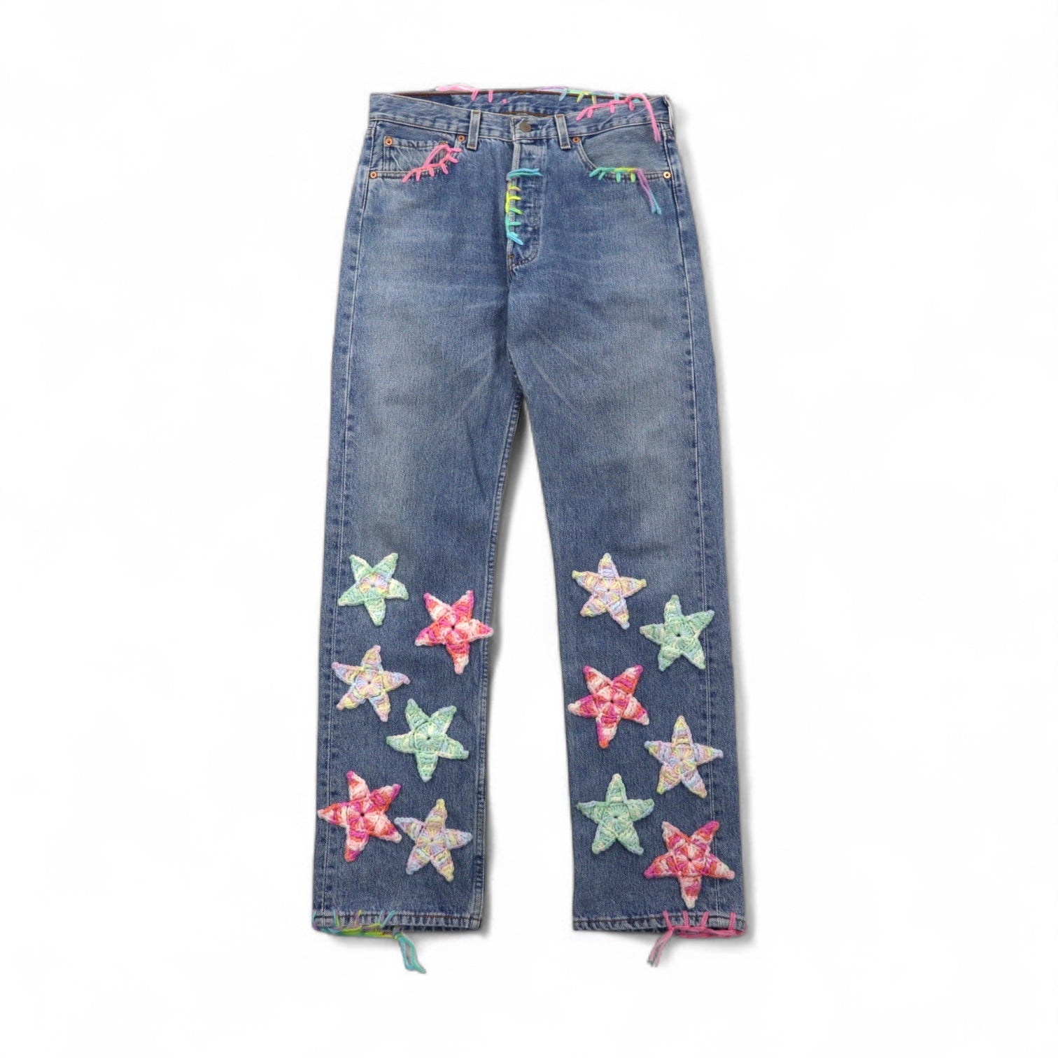 Y.A.R.N. × Levi's 501 anni '90 Jeans in denim all'uncinetto con stelle STAR DENIM M Indaco Blu Fatto a mano