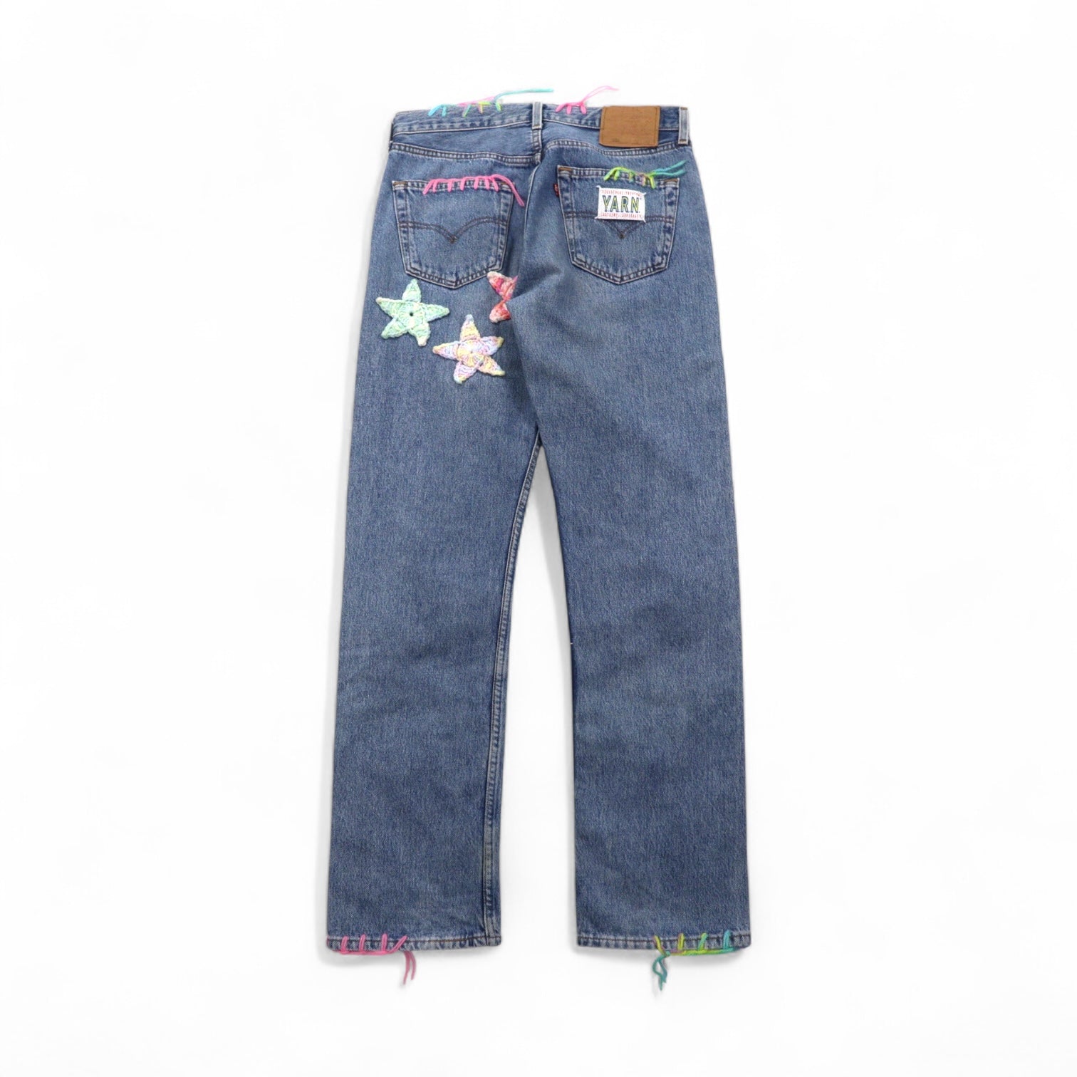 Y.A.R.N. × Levi's 501 anni '90 Jeans in denim all'uncinetto con stelle STAR DENIM M Indaco Blu Fatto a mano