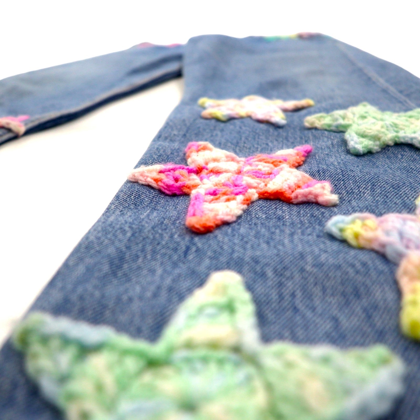 Y.A.R.N. × Levi's 501 anni '90 Jeans in denim all'uncinetto con stelle STAR DENIM M Indaco Blu Fatto a mano