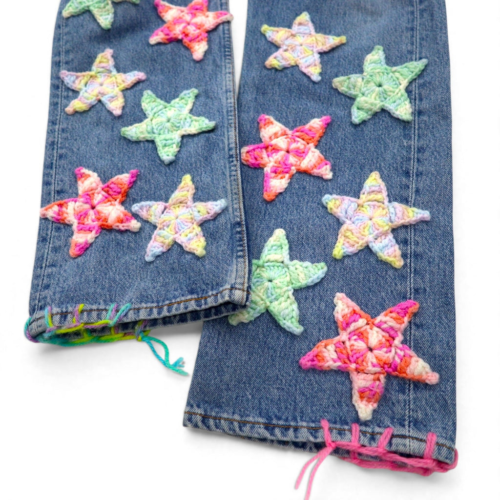 Y.A.R.N. × Levi's 501 anni '90 Jeans in denim all'uncinetto con stelle STAR DENIM M Indaco Blu Fatto a mano