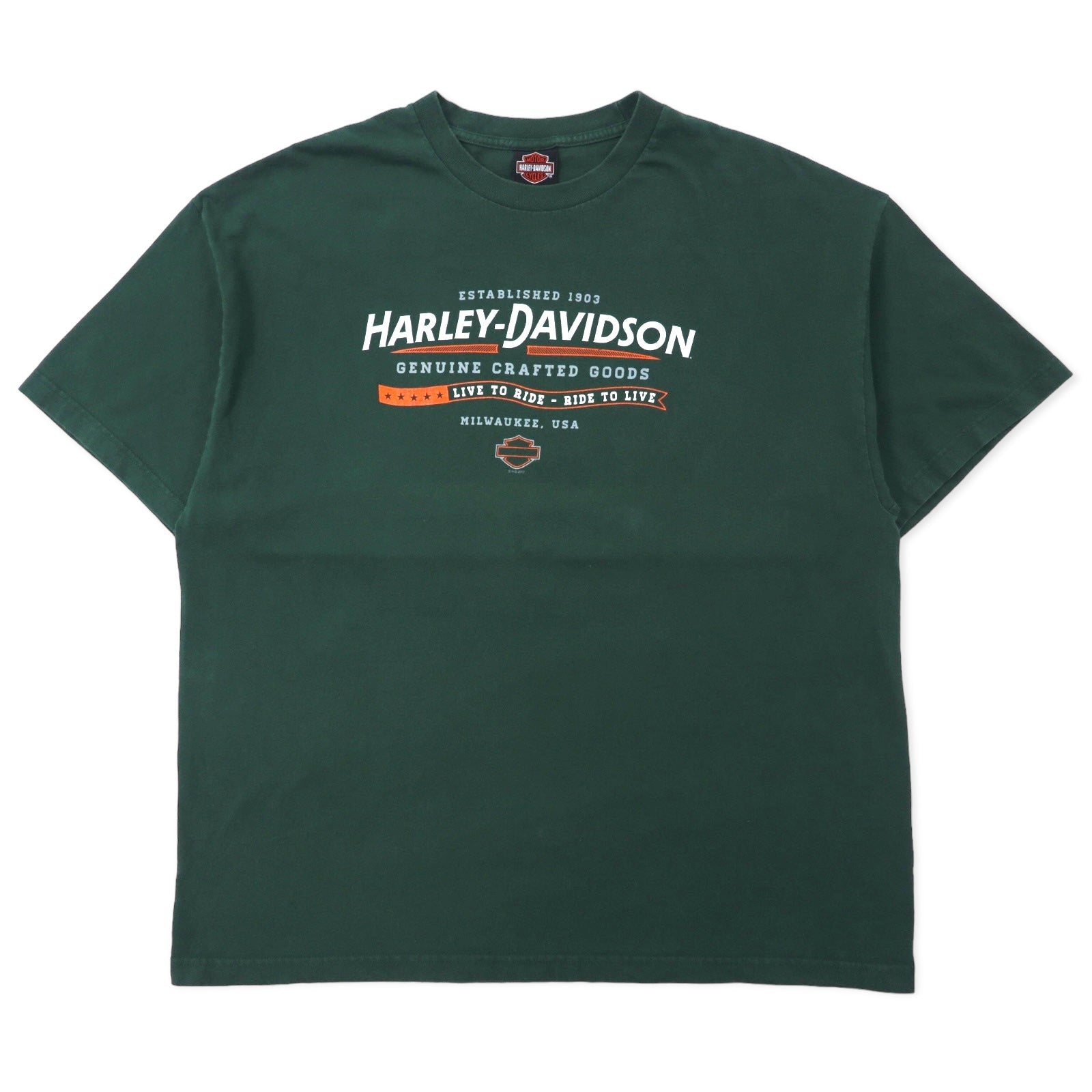 T-shirt HARLEY DAVIDSON con stampa logo, taglia XL, verde, cotone, numero uno, stampa fronte-retro DENTON COUNTY TX