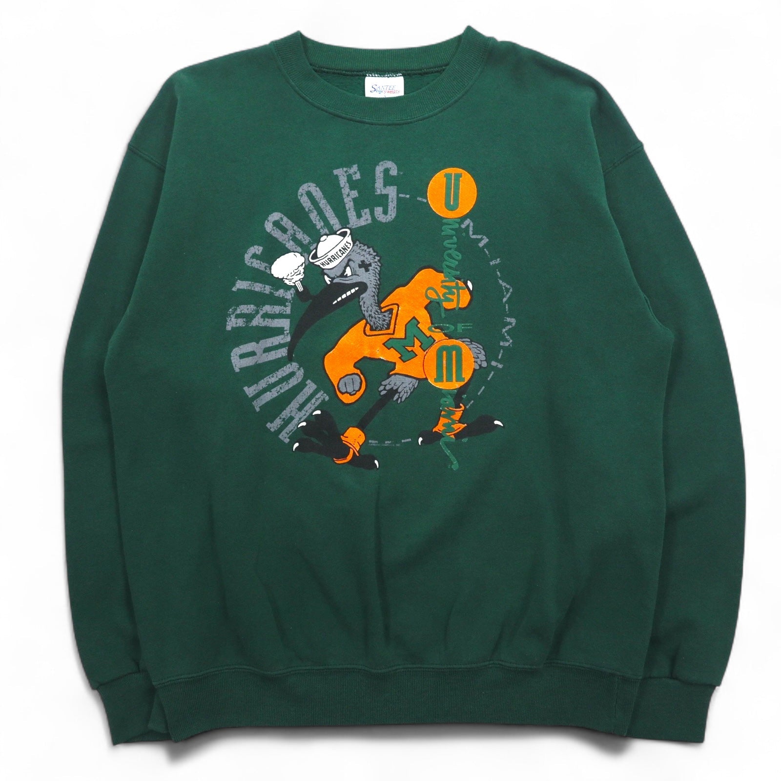 SANTEE by PLUMA USA made 90s NCAA College Print Sweatshirt L Green Brushed Miami Hurricanes