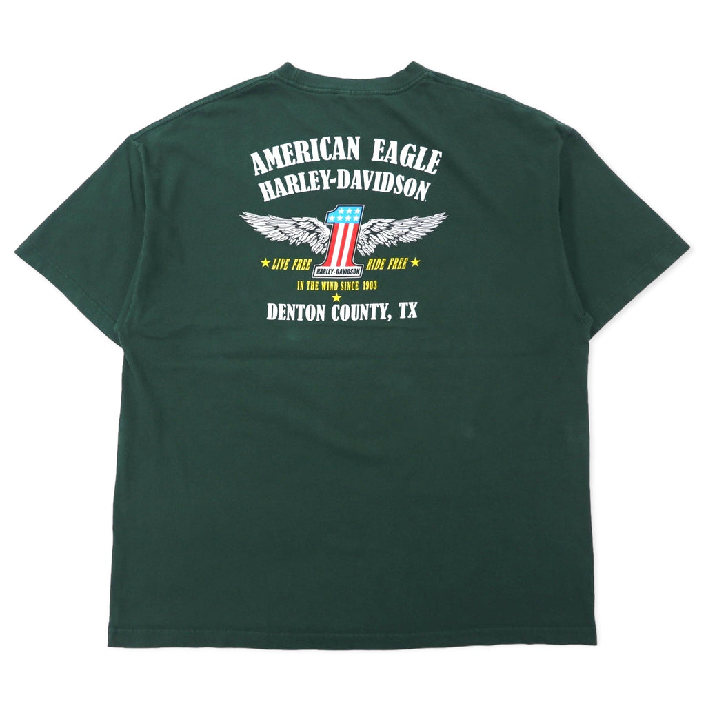 T-shirt HARLEY DAVIDSON con stampa logo, taglia XL, verde, cotone, numero uno, stampa fronte-retro DENTON COUNTY TX
